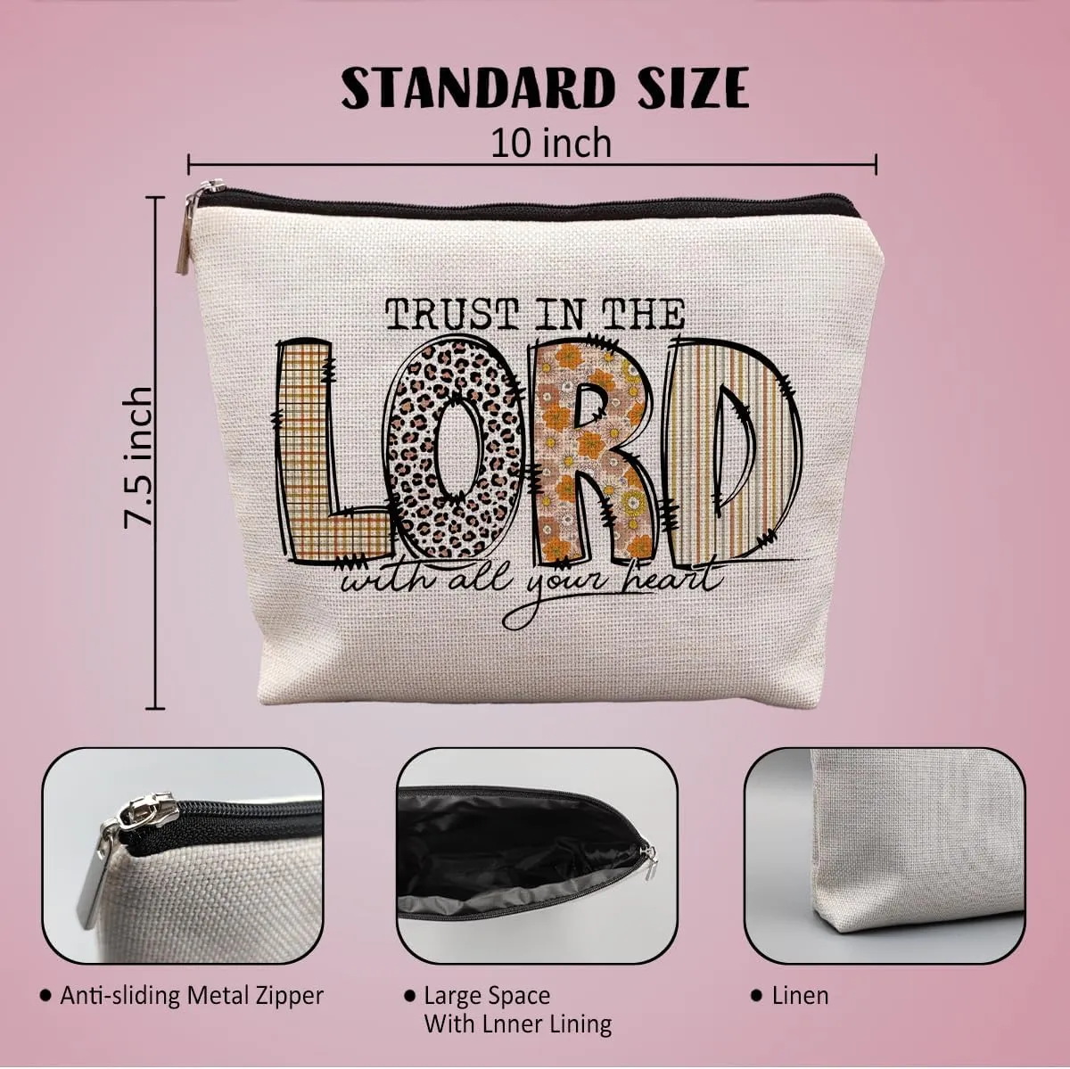 Christian Gifts for Women, Trendy Christian Makeup Bag for Women, Inspirational Religious Scripture Gifts for Women Cosmetic Bags, Trust in the Lord with All Your Heart Canvas Makeup Bag