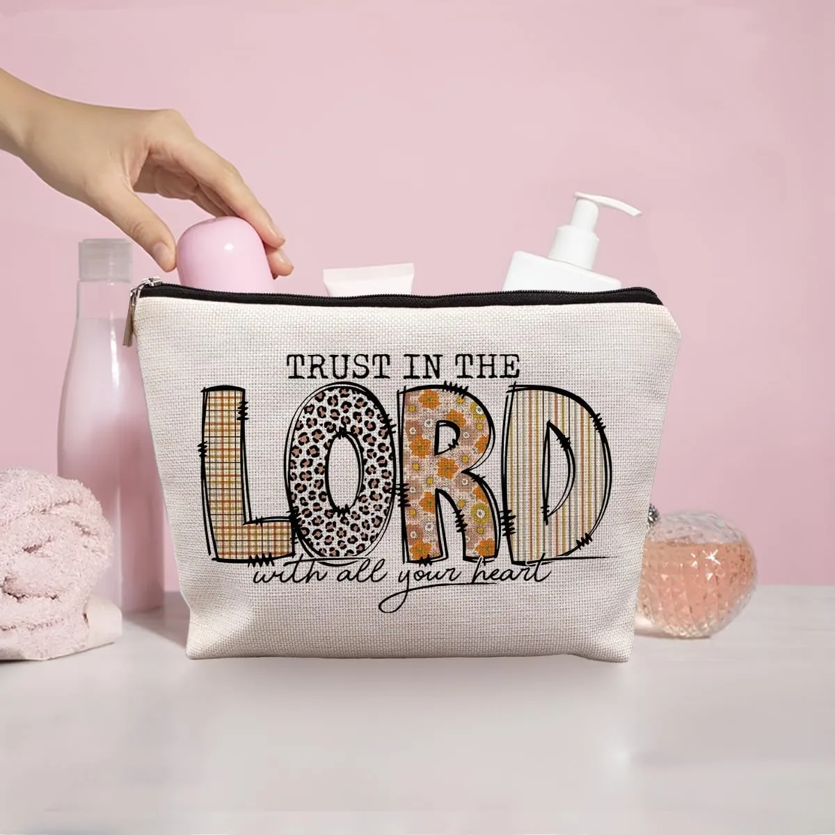 Christian Gifts for Women, Trendy Christian Makeup Bag for Women, Inspirational Religious Scripture Gifts for Women Cosmetic Bags, Trust in the Lord with All Your Heart Canvas Makeup Bag