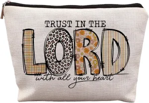 Christian Gifts for Women, Trendy Christian Makeup Bag for Women, Inspirational Religious Scripture Gifts for Women Cosmetic Bags, Trust in the Lord with All Your Heart Canvas Makeup Bag