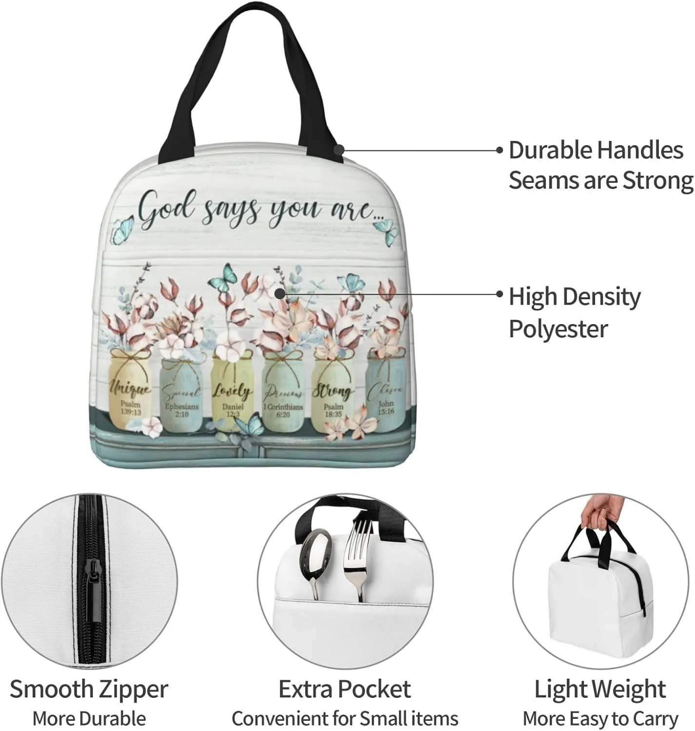 Christian Insulated Lunch Bag Religious Lunch Box Gift for Women Inspirational Spiritual Jesus Bible Verses Lunch Bag Leakproof Reusable Cooler Tote for Office Work Picnic