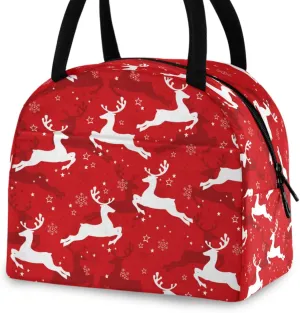 Christmas Reindeer Snowflake Floral Reusable Lunch Tote Bag with Front Pocket Insulated Thermal Cooler Container Bag for Back to School Work Travel Fishing Picnic Beach