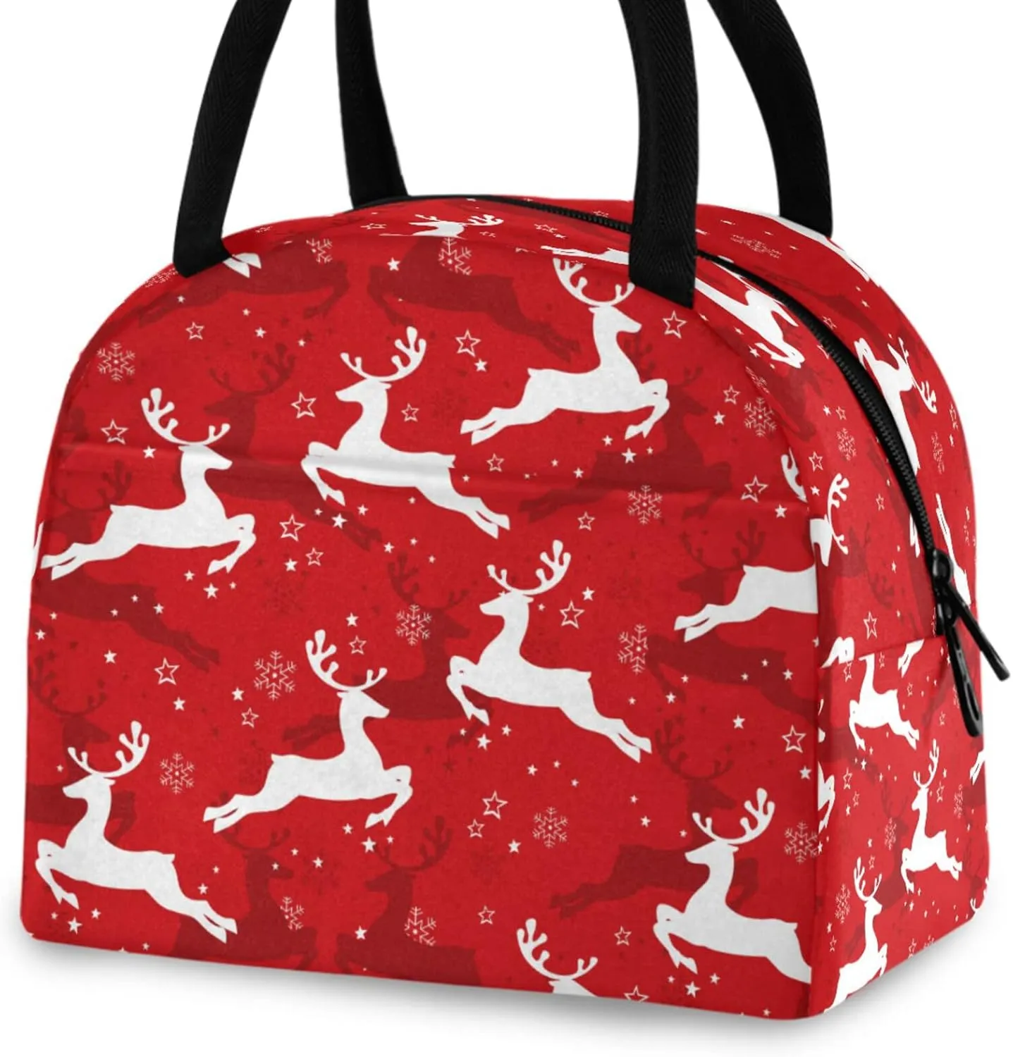 Christmas Reindeer Snowflake Floral Reusable Lunch Tote Bag with Front Pocket Insulated Thermal Cooler Container Bag for Back to School Work Travel Fishing Picnic Beach