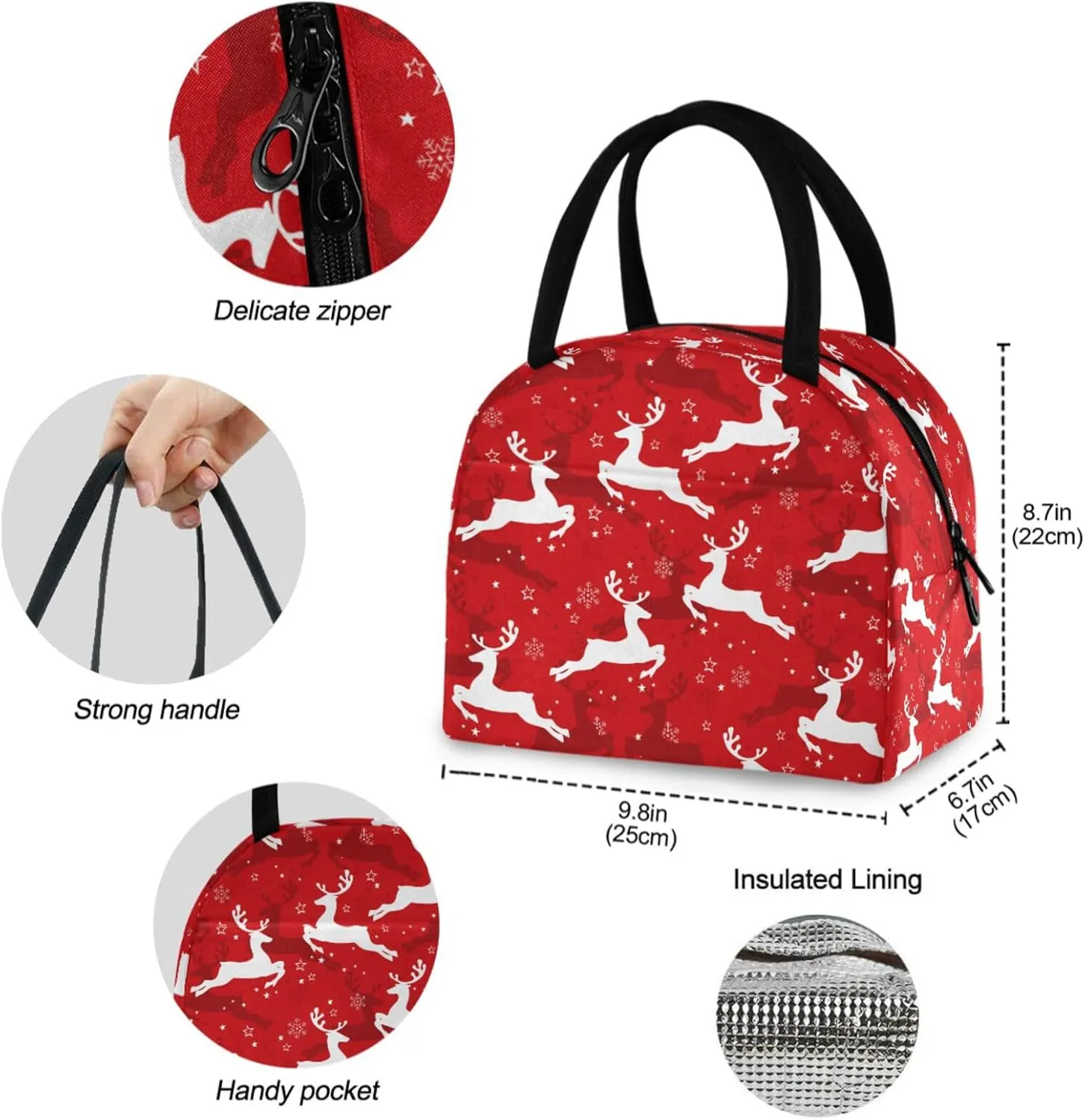 Christmas Reindeer Snowflake Floral Reusable Lunch Tote Bag with Front Pocket Insulated Thermal Cooler Container Bag for Back to School Work Travel Fishing Picnic Beach