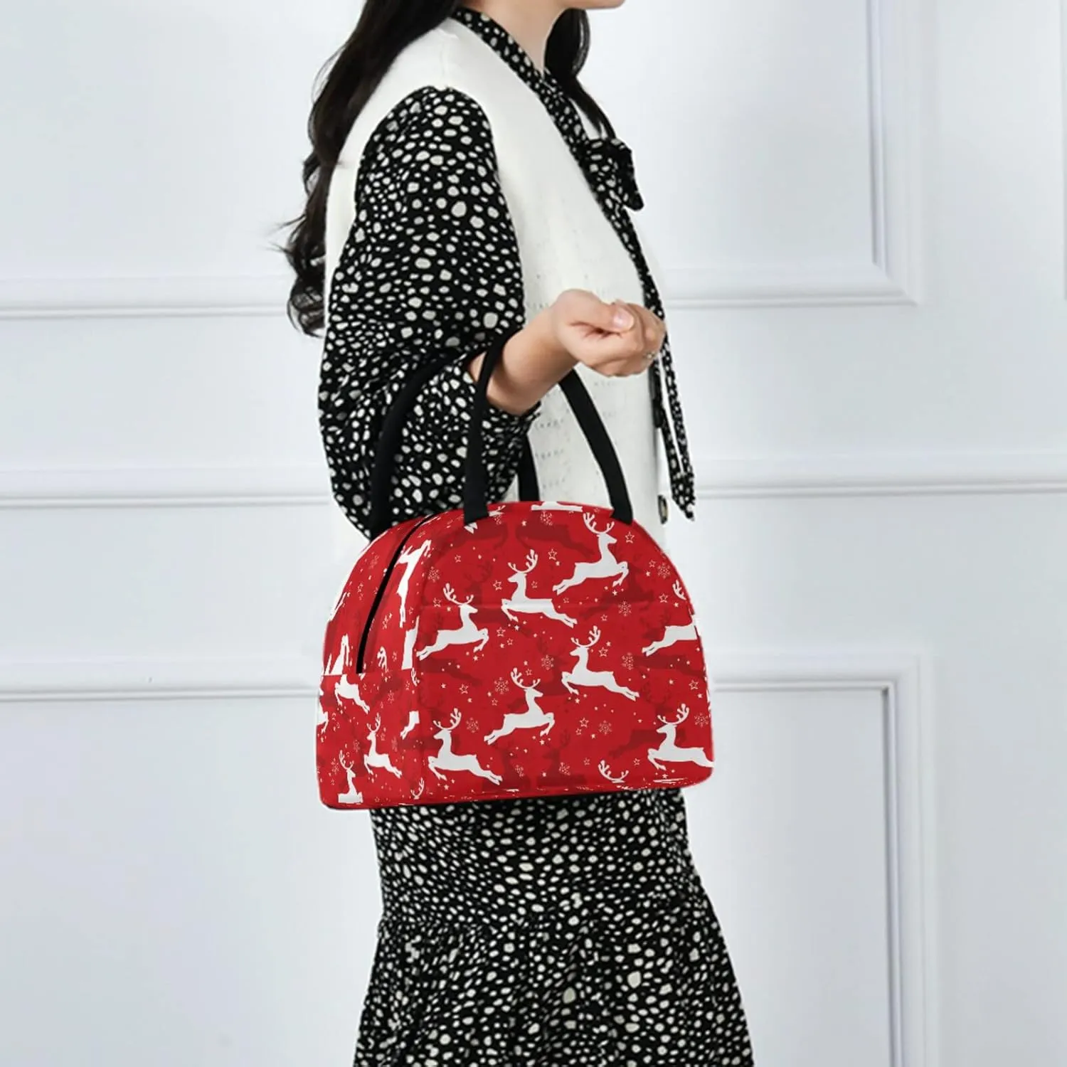 Christmas Reindeer Snowflake Floral Reusable Lunch Tote Bag with Front Pocket Insulated Thermal Cooler Container Bag for Back to School Work Travel Fishing Picnic Beach