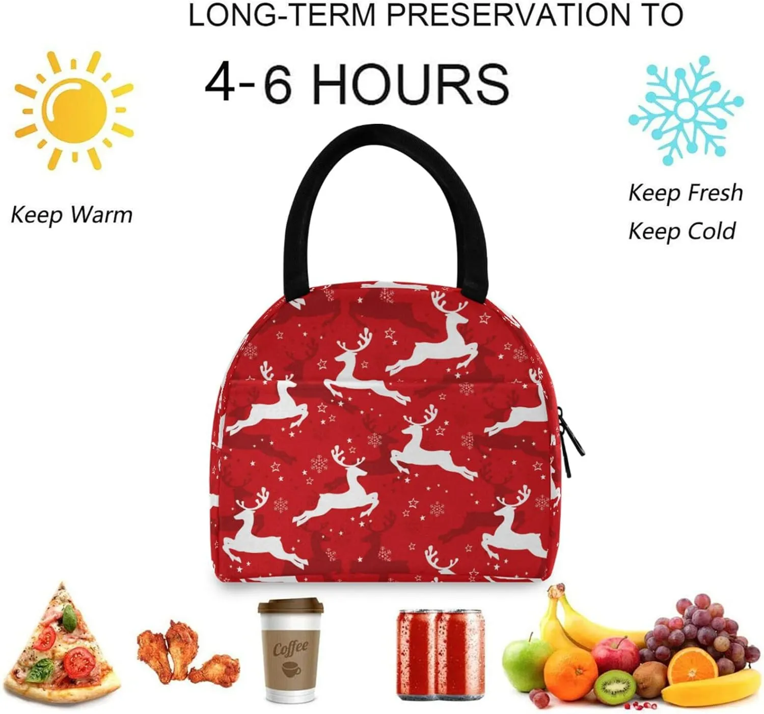 Christmas Reindeer Snowflake Floral Reusable Lunch Tote Bag with Front Pocket Insulated Thermal Cooler Container Bag for Back to School Work Travel Fishing Picnic Beach