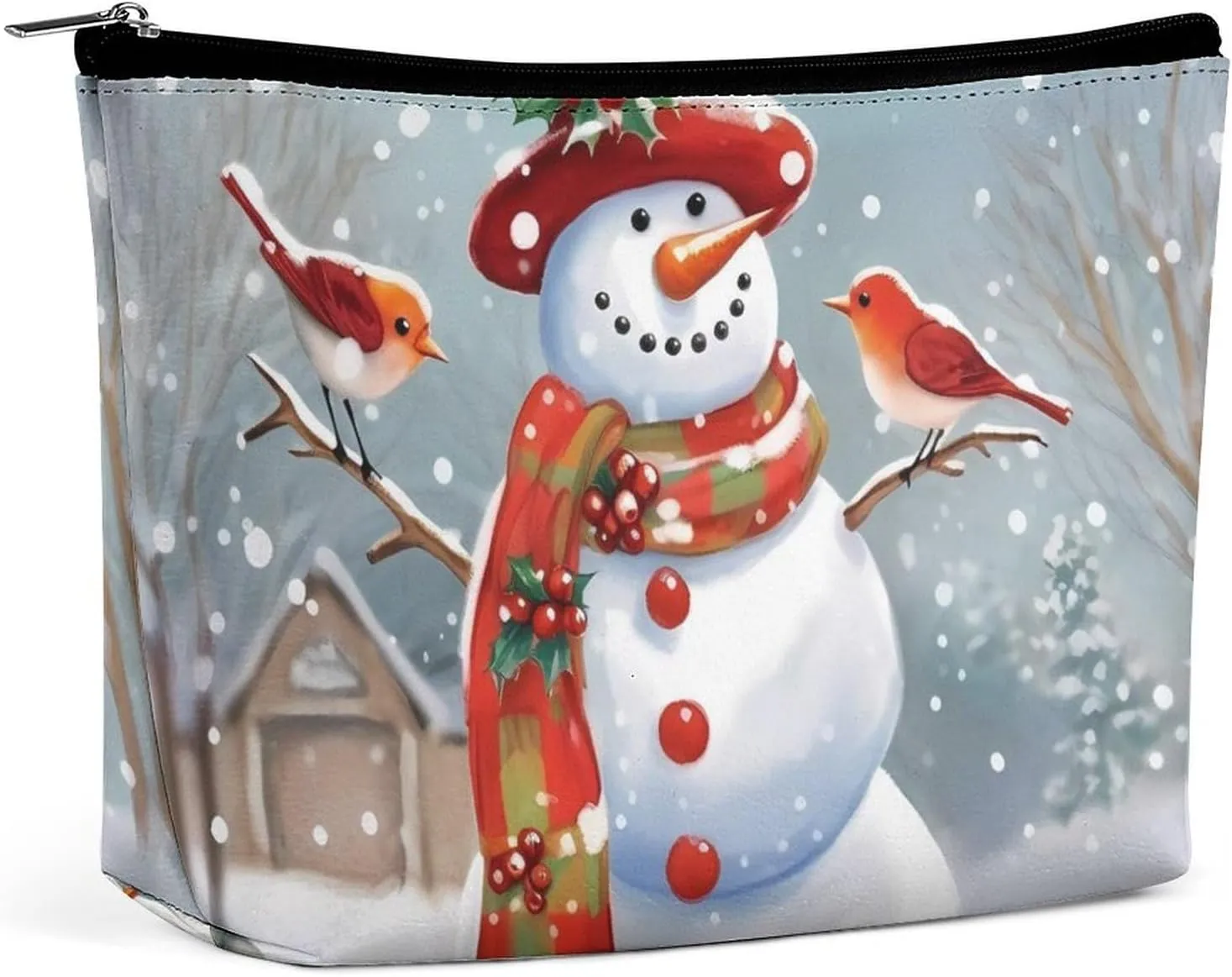 Christmas Snow Man And Birds Travel Makeup Bag Large Toiletry Bag for Women Waterproof Cosmetic Bags for Purse Portable Makeup Organizer Bags Cute Zipper Pouch Cosmetic Pouch Funny Travel Makeupbag