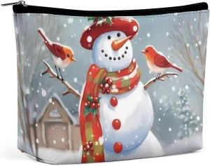 Christmas Snow Man And Birds Travel Makeup Bag Large Toiletry Bag for Women Waterproof Cosmetic Bags for Purse Portable Makeup Organizer Bags Cute Zipper Pouch Cosmetic Pouch Funny Travel Makeupbag
