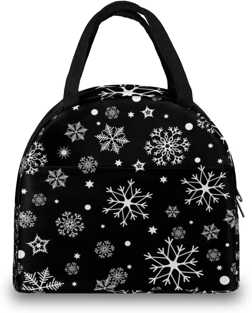 Christmas Winter White Snowflakes Lunch Bag for Women Men Adult Insulated Leakproof Lunch Box with Pocket Reusable Thermal Cooler Lunch Tote Bags for Work Office Picnic Travel Beach