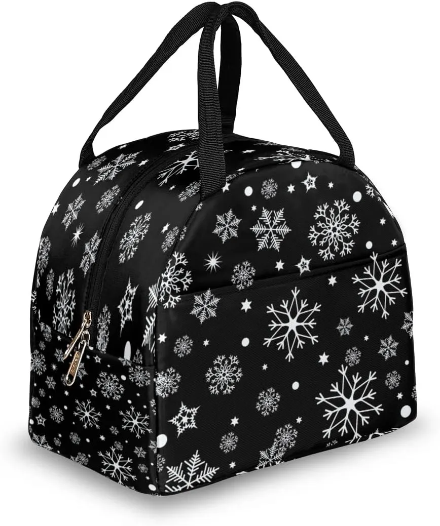 Christmas Winter White Snowflakes Lunch Bag for Women Men Adult Insulated Leakproof Lunch Box with Pocket Reusable Thermal Cooler Lunch Tote Bags for Work Office Picnic Travel Beach