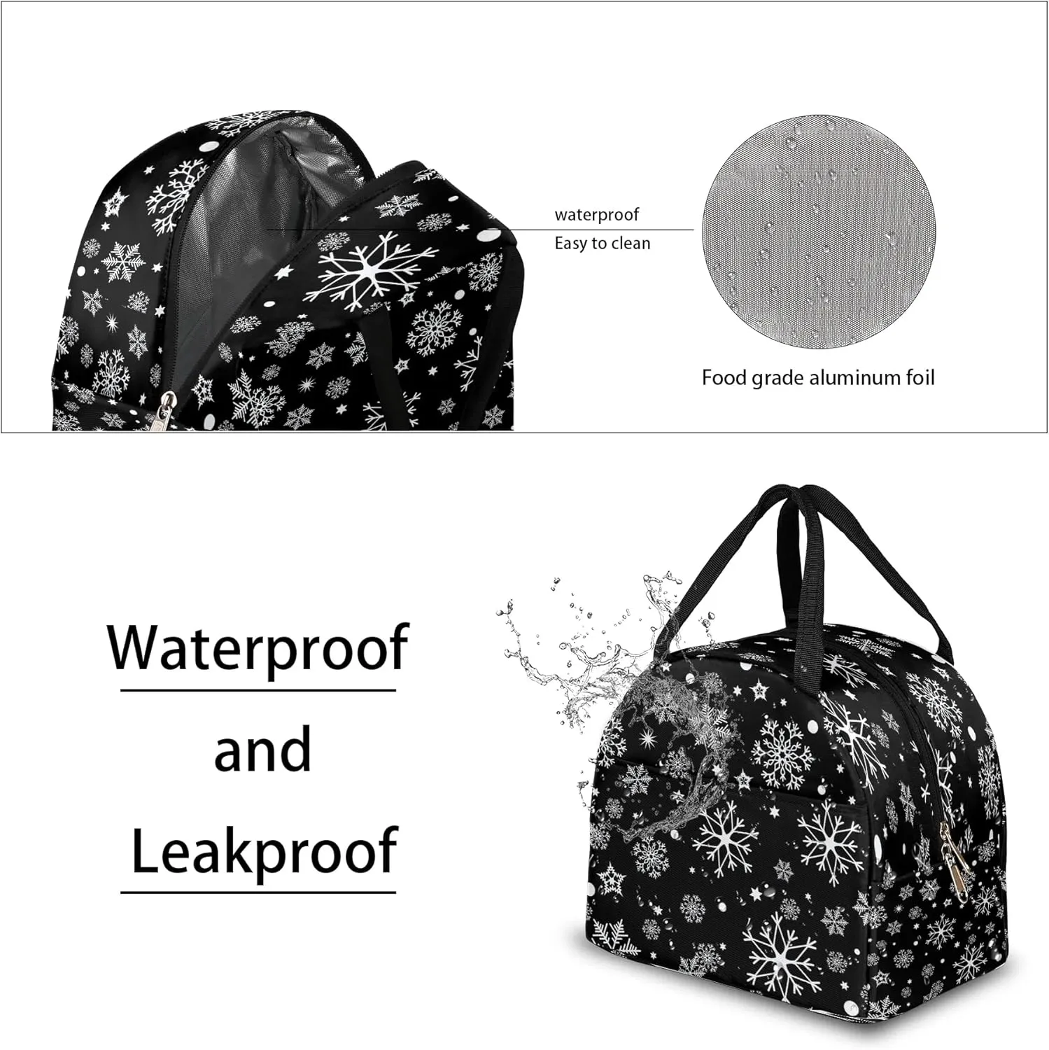 Christmas Winter White Snowflakes Lunch Bag for Women Men Adult Insulated Leakproof Lunch Box with Pocket Reusable Thermal Cooler Lunch Tote Bags for Work Office Picnic Travel Beach