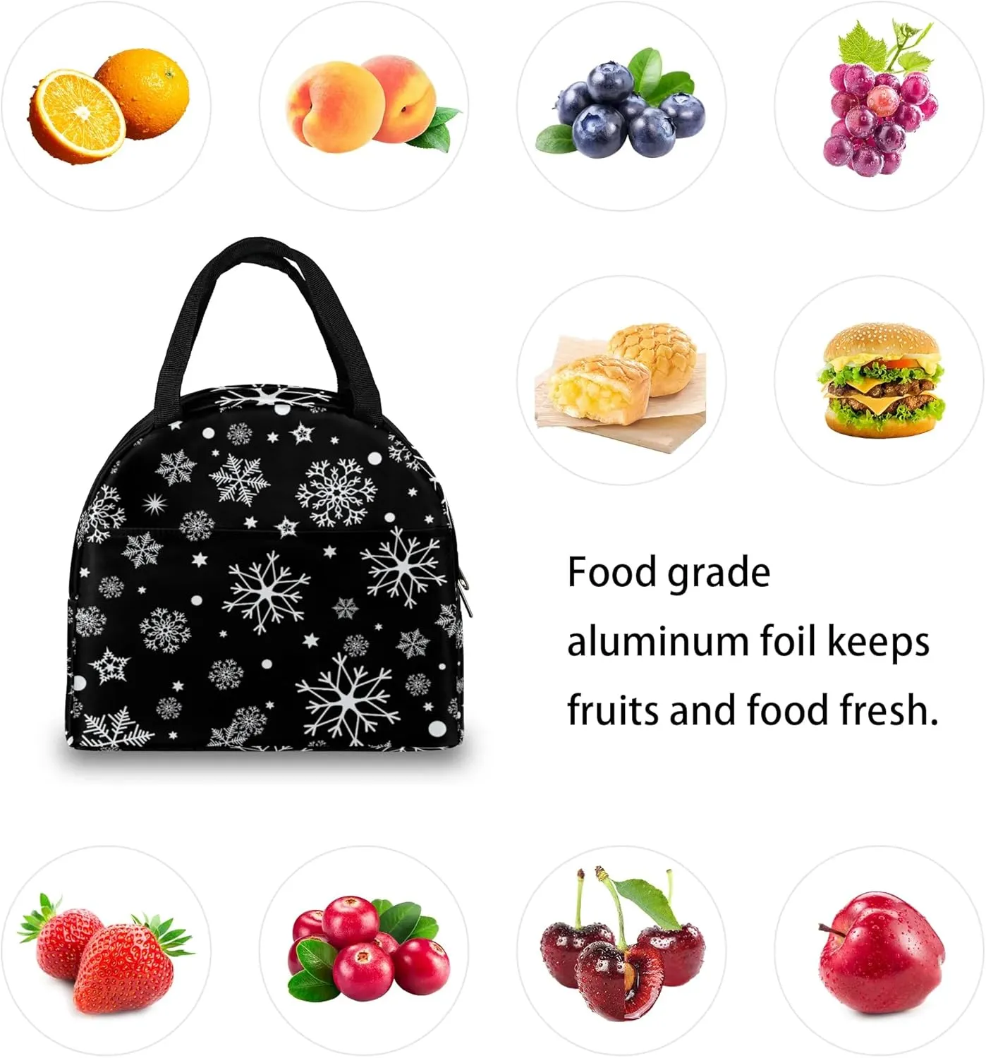 Christmas Winter White Snowflakes Lunch Bag for Women Men Adult Insulated Leakproof Lunch Box with Pocket Reusable Thermal Cooler Lunch Tote Bags for Work Office Picnic Travel Beach