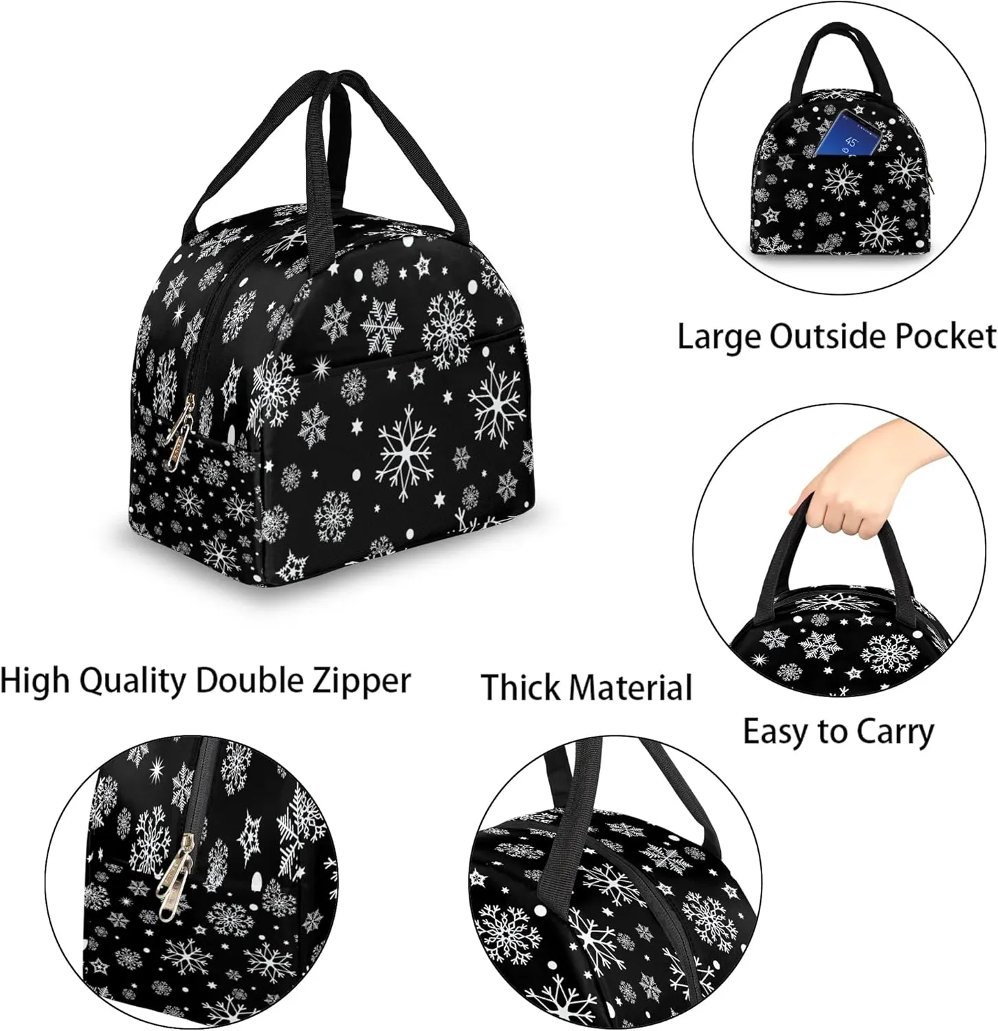 Christmas Winter White Snowflakes Lunch Bag for Women Men Adult Insulated Leakproof Lunch Box with Pocket Reusable Thermal Cooler Lunch Tote Bags for Work Office Picnic Travel Beach