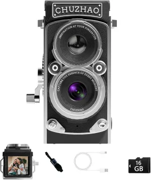 CHUZHAO Vintage Mini Digital Camera, Portable TLR Style Retro Point and Shoot Compact Small Pocket 1080P FHD Video 12MP Autofocus Vlogging Camera with 16 GB Card for Beginners Teens Adults Kids Black
