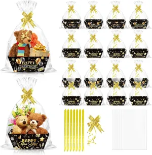 CIEOVO 24 Set Happy New Years Party Baskets for Gifts Empty with Cellophane Basket Bags Bows, 2025 New Year's Eve Market Tray Cardboard Basket to Fill for New Years Eve Party Decor