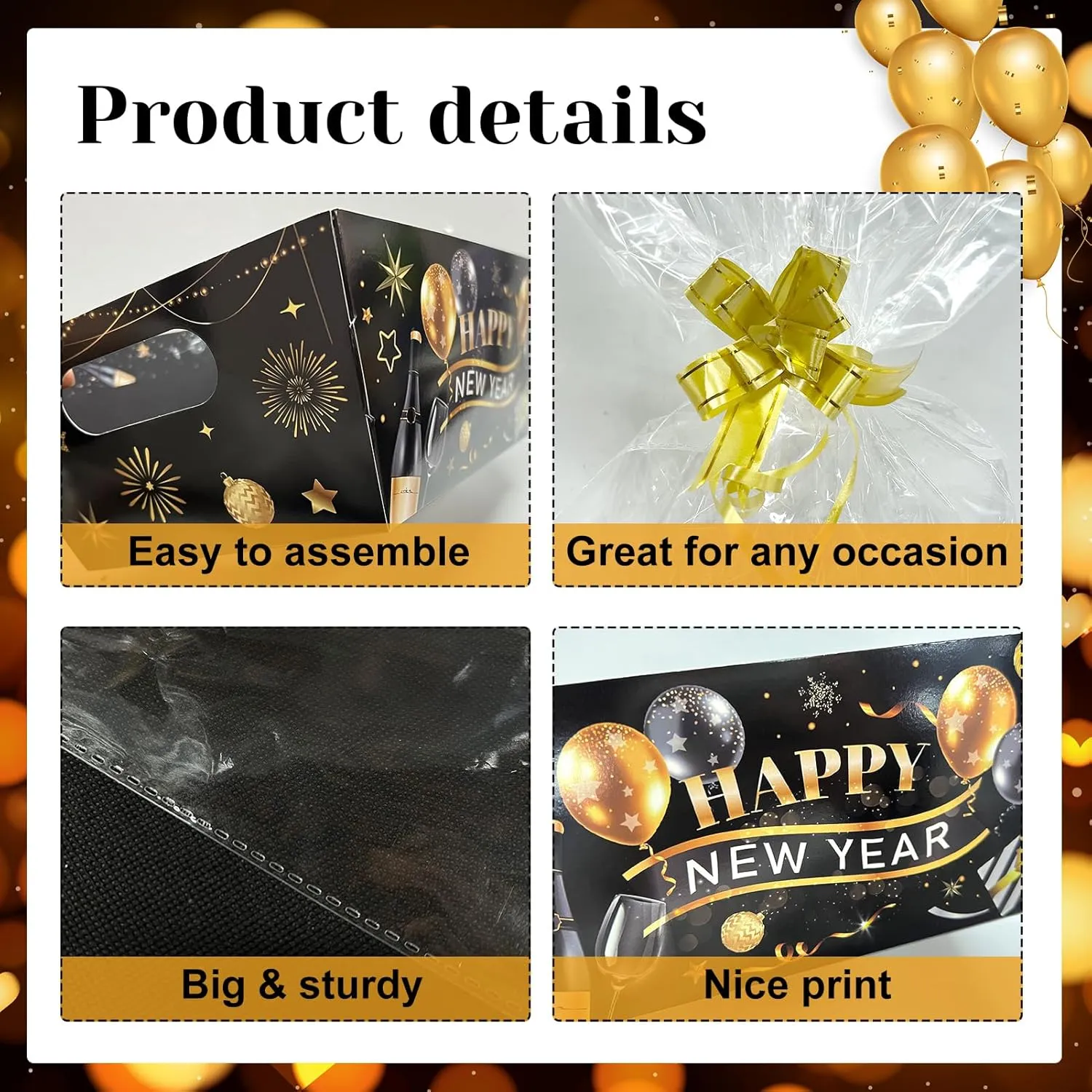 CIEOVO 24 Set Happy New Years Party Baskets for Gifts Empty with Cellophane Basket Bags Bows, 2025 New Year's Eve Market Tray Cardboard Basket to Fill for New Years Eve Party Decor