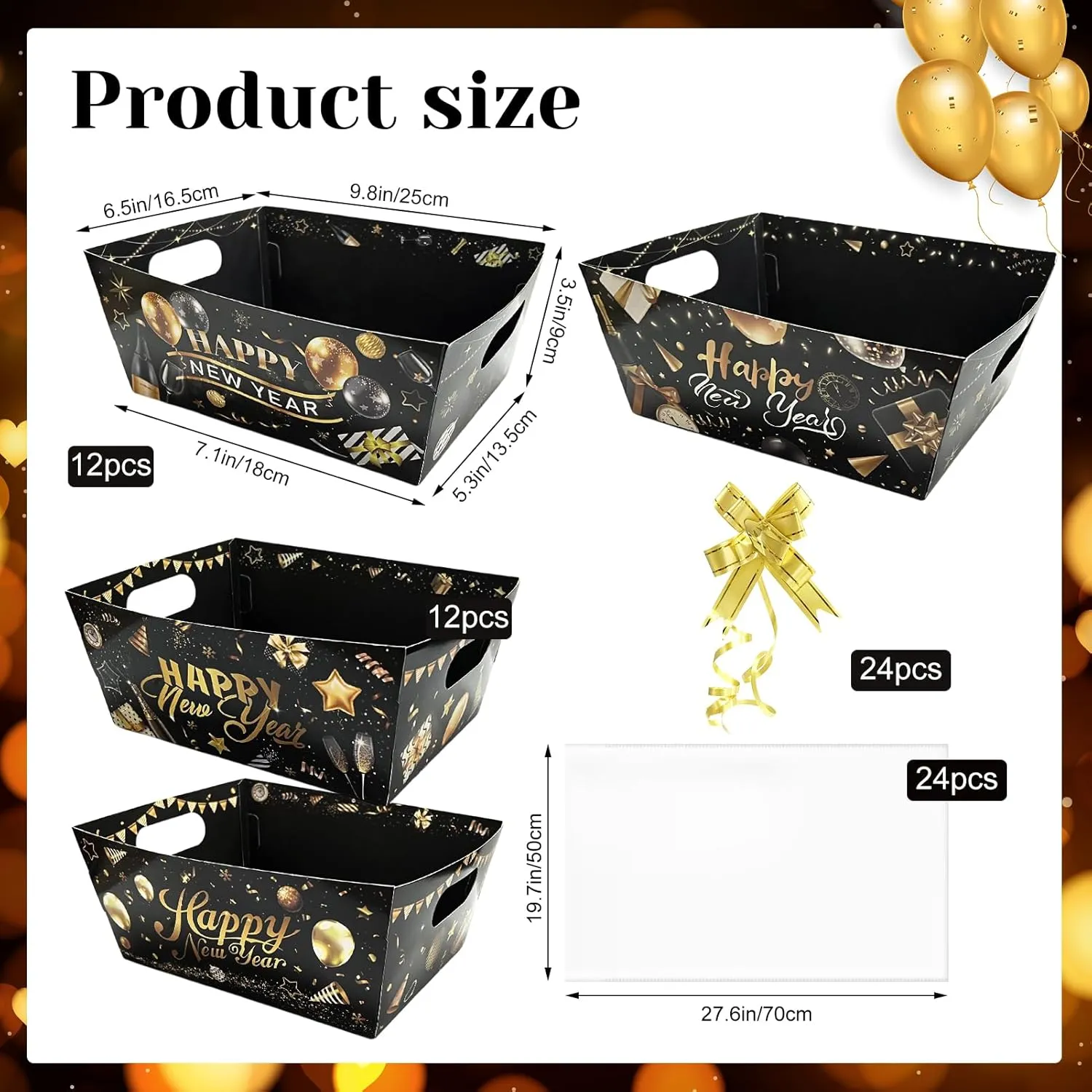 CIEOVO 24 Set Happy New Years Party Baskets for Gifts Empty with Cellophane Basket Bags Bows, 2025 New Year's Eve Market Tray Cardboard Basket to Fill for New Years Eve Party Decor