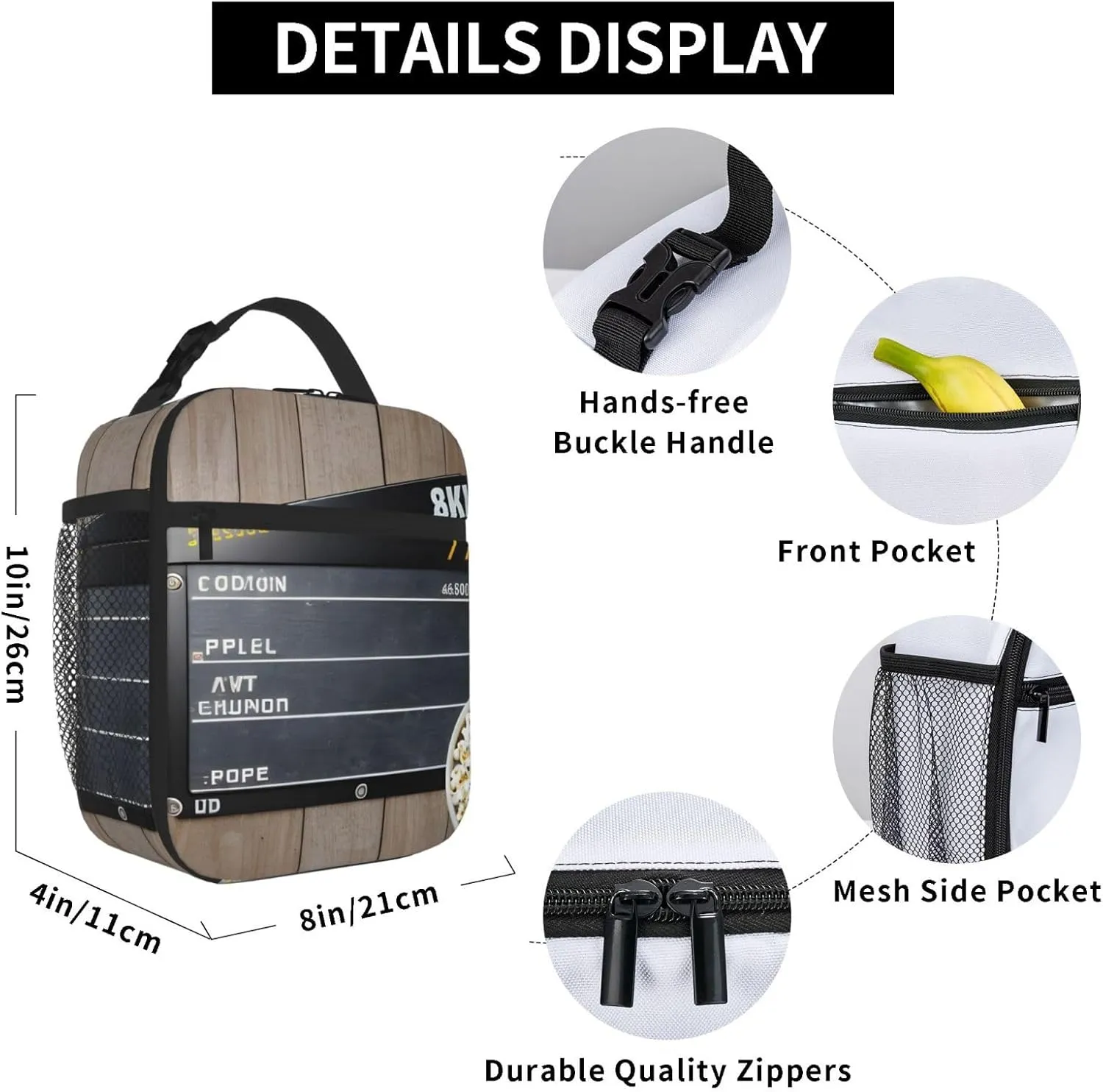 Cinema Movie Clapboard And Popcorn Insulated Lunch Bag For Men Women Lunchbox Designed For Office Work Travel