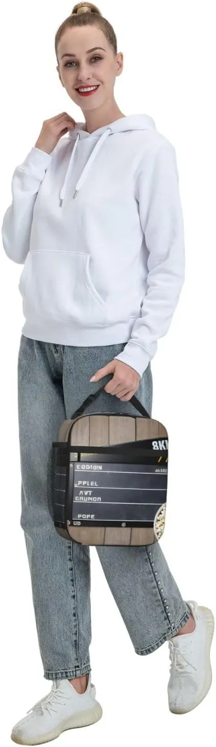Cinema Movie Clapboard And Popcorn Insulated Lunch Bag For Men Women Lunchbox Designed For Office Work Travel