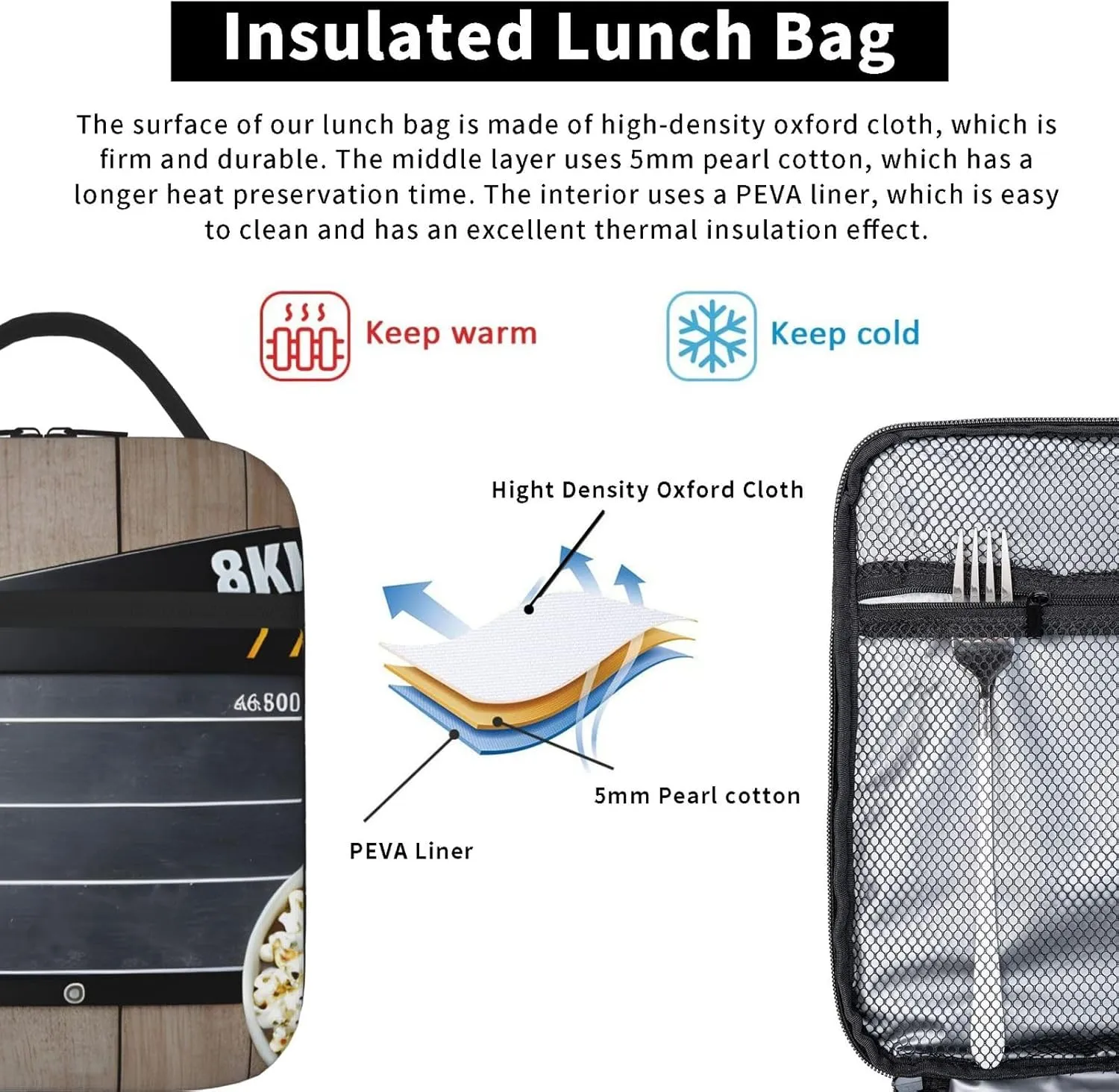 Cinema Movie Clapboard And Popcorn Insulated Lunch Bag For Men Women Lunchbox Designed For Office Work Travel