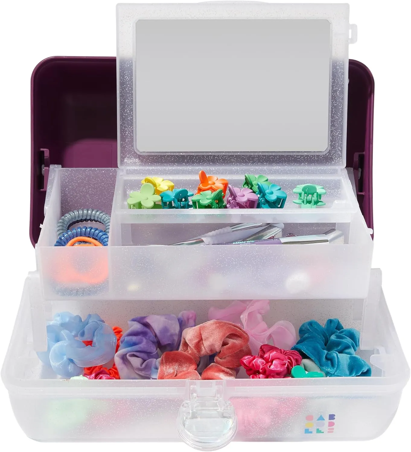 Claire's Features - Caboodles Makeup Case, On the go Girl Travel Cosmetic Organizer with Mirror, Violet over Clear Sparkle Storage Box: 12 x 9.4 x 6 Inches