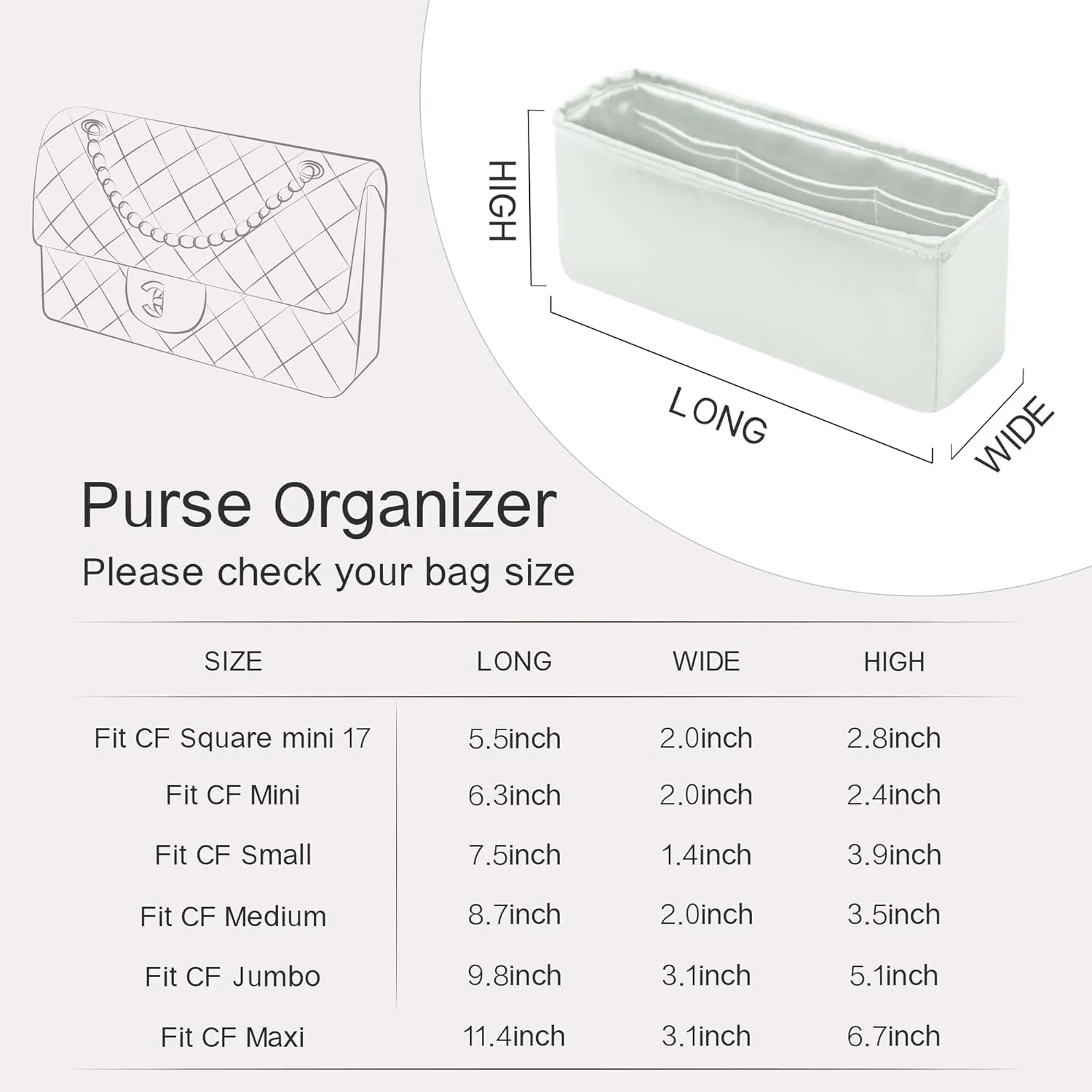 Classic Flap Jumbo Insert, Purse Organizer Insert Compatible with Chanel Classic Flap Bag Jumbo, Lightweight and Silky Smooth Handbag Shaper (Jumbo, Peral Grey)