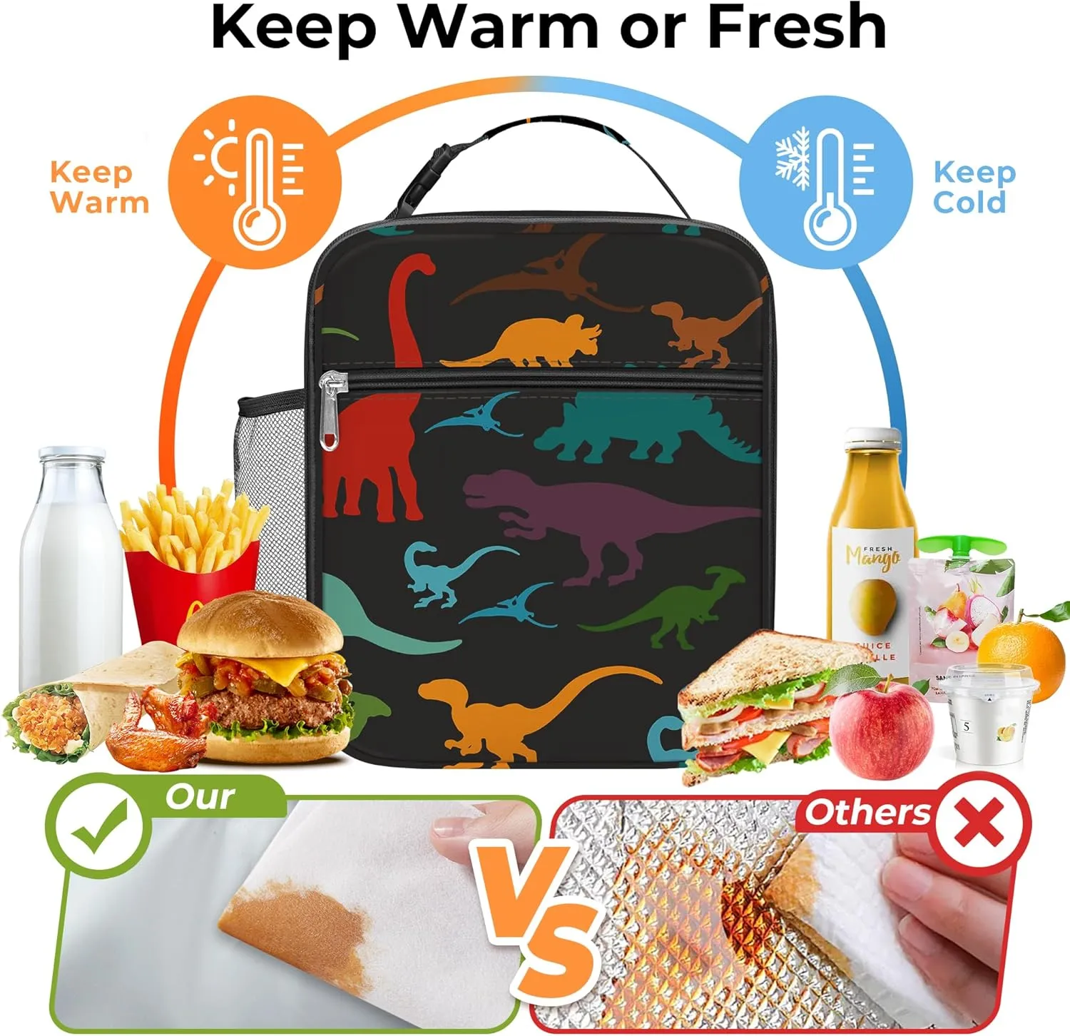 Clastyle Black Dinosaur Insulated Lunch Bag for Kids, Portable Large Thermal Cooler Lunch Bag for Boys, School Lunch Box Bag with Bottle Holder