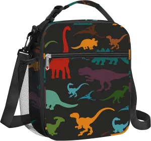 Clastyle Black Dinosaur Insulated Lunch Bag for Kids, Portable Large Thermal Cooler Lunch Bag for Boys, School Lunch Box Bag with Bottle Holder