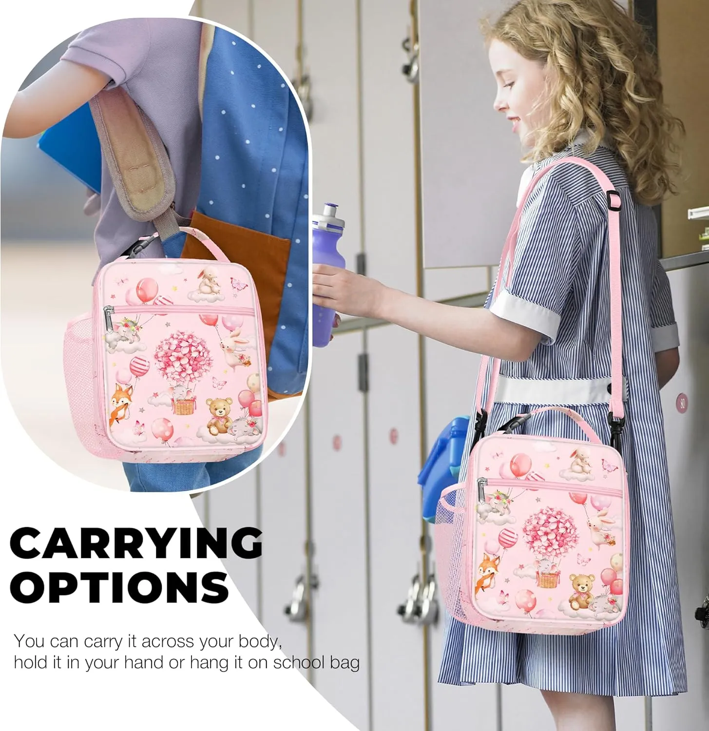 Clastyle Pink Insulated Kids Lunch Bag Large Thermal Cooler Bag for Girl Picnic School Lunch Box Tote,Balloon Animal