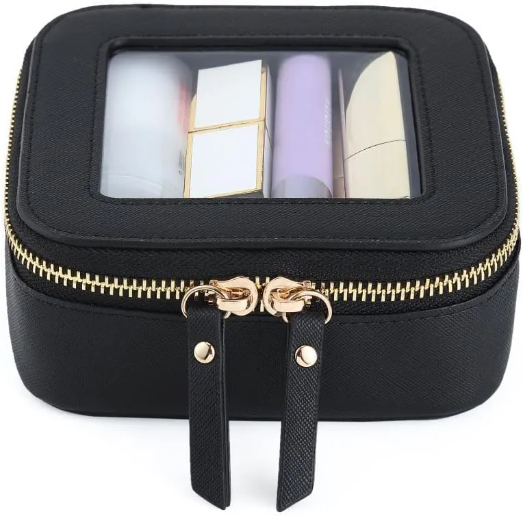 Clear Makeup Bag - Black Leather Makeup Pouch for Travel, Small Toiletry Bag for Purse & Backpack, Waterproof Square Organizer with Zipper - Clear Zipper Pouches for Women (2Pcs)