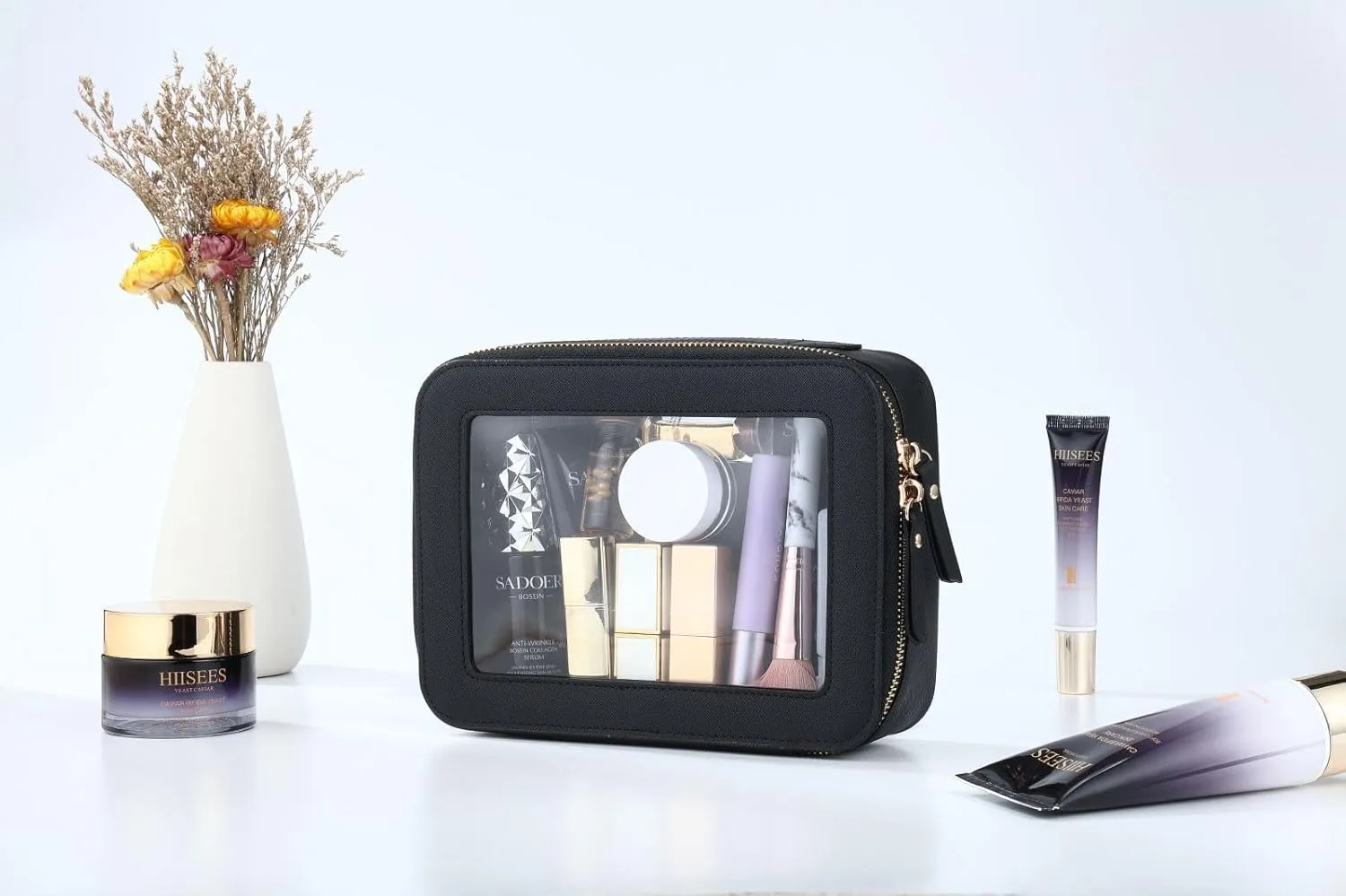 Clear Makeup Bag - Black Leather Makeup Pouch for Travel, Small Toiletry Bag for Purse & Backpack, Waterproof Square Organizer with Zipper - Clear Zipper Pouches for Women (2Pcs)