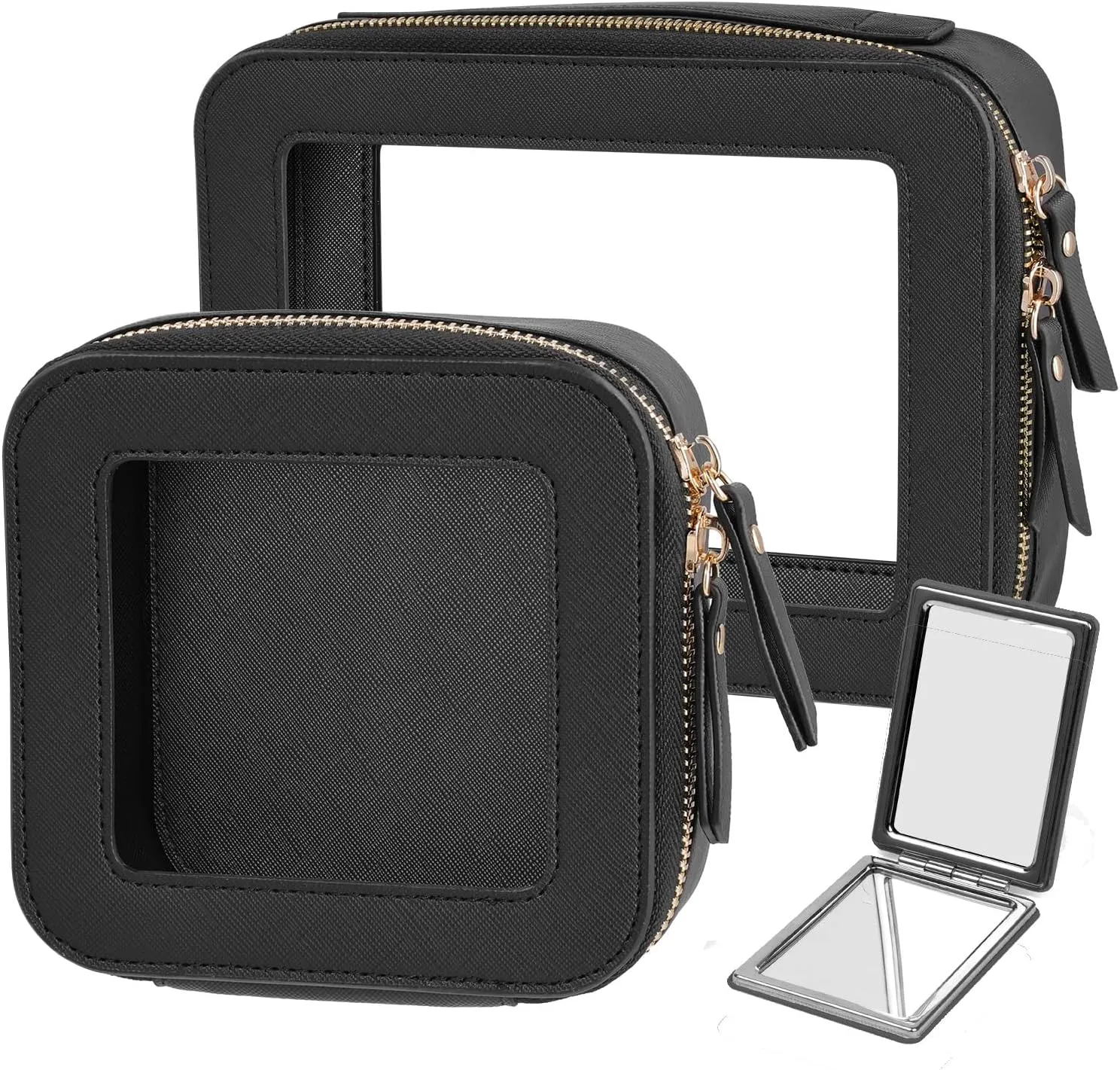 Clear Makeup Bag - Black Leather Makeup Pouch for Travel, Small Toiletry Bag for Purse & Backpack, Waterproof Square Organizer with Zipper - Clear Zipper Pouches for Women (2Pcs)