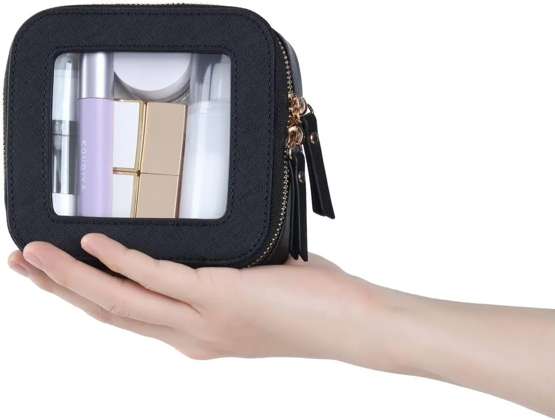 Clear Makeup Bag - Black Leather Makeup Pouch for Travel, Small Toiletry Bag for Purse & Backpack, Waterproof Square Organizer with Zipper - Clear Zipper Pouches for Women (2Pcs)