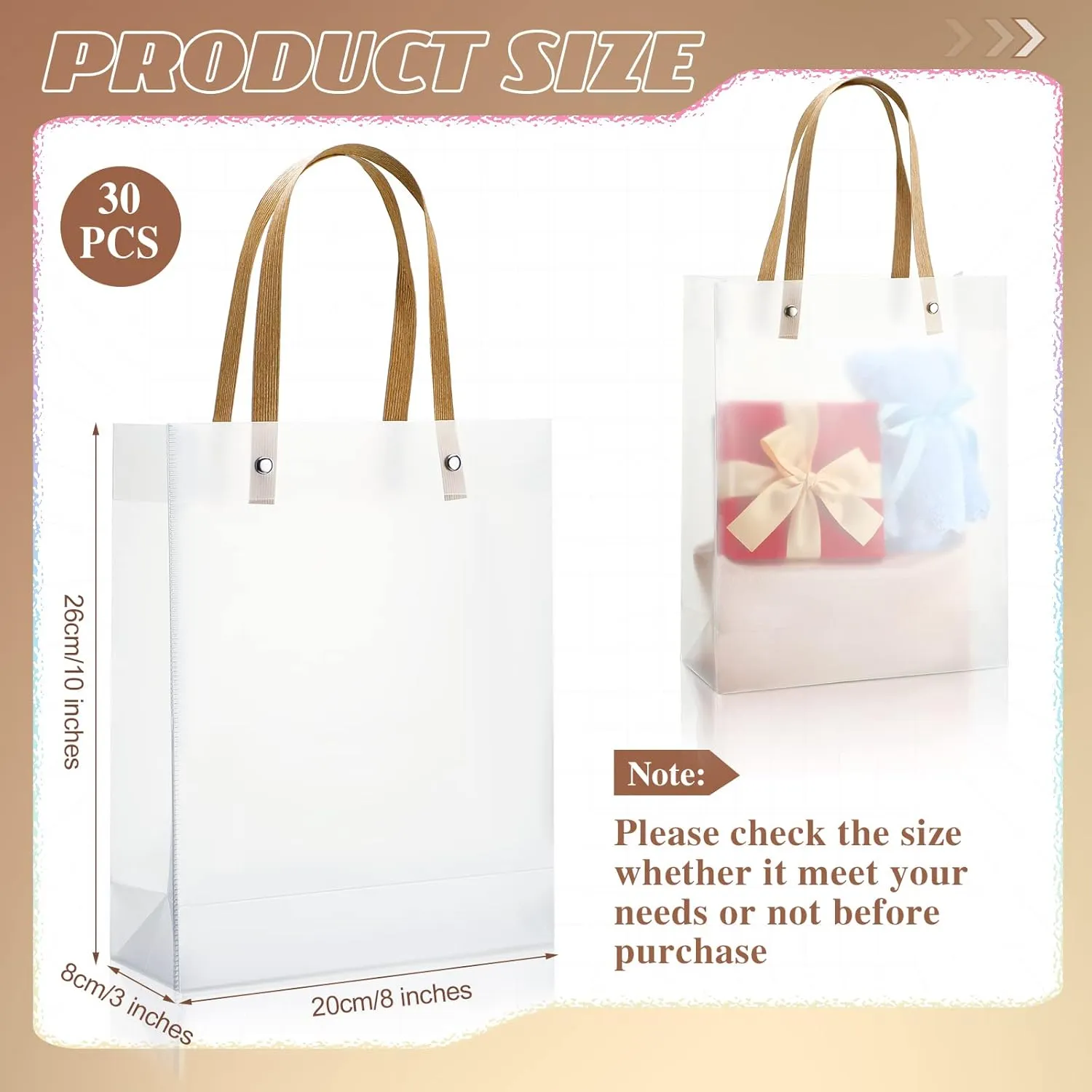 Clear Plastic Gift Bags with Handle, Transparent Reusable Tote Boutique Bags Gift Wrap for Wedding, Retail, 10 x 8 x 3 Inch(30 Pcs)