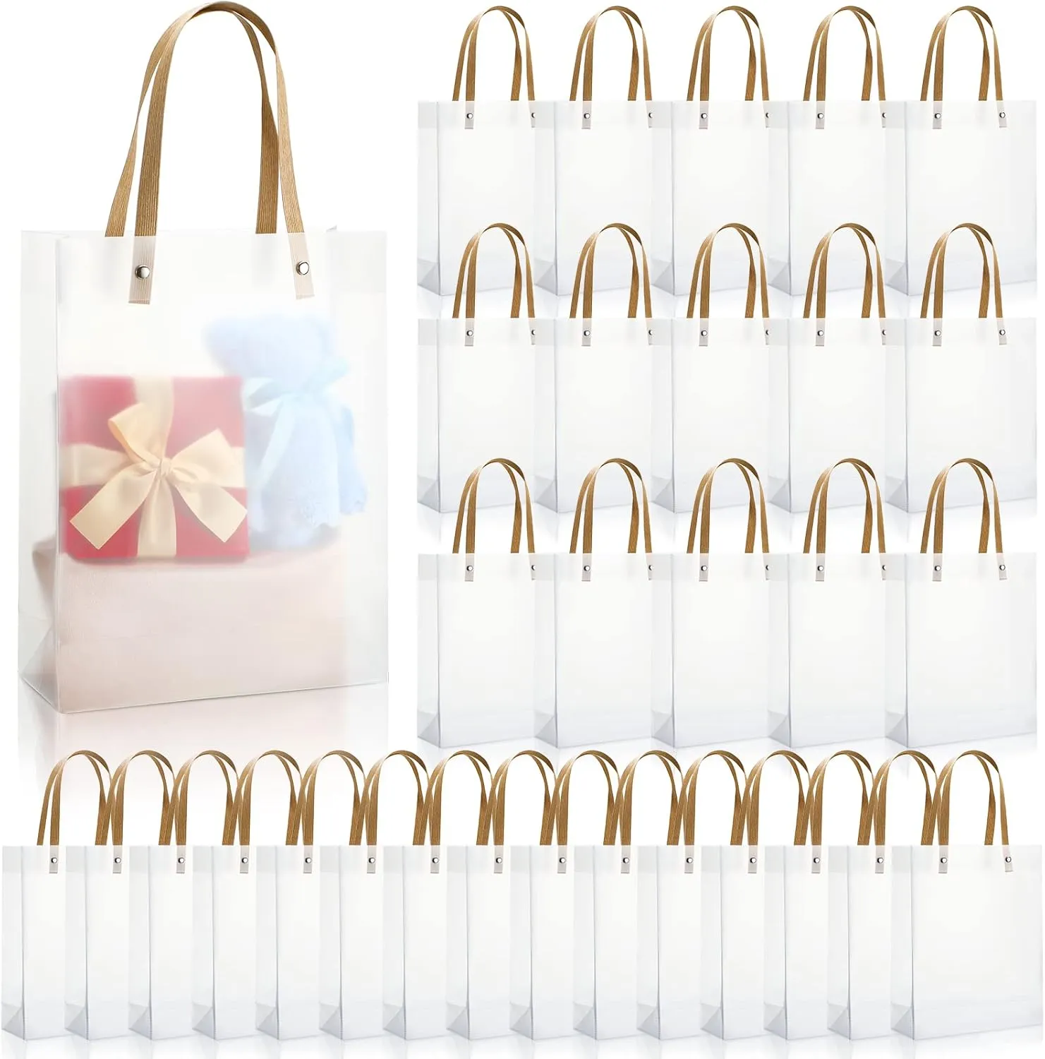 Clear Plastic Gift Bags with Handle, Transparent Reusable Tote Boutique Bags Gift Wrap for Wedding, Retail, 10 x 8 x 3 Inch(30 Pcs)