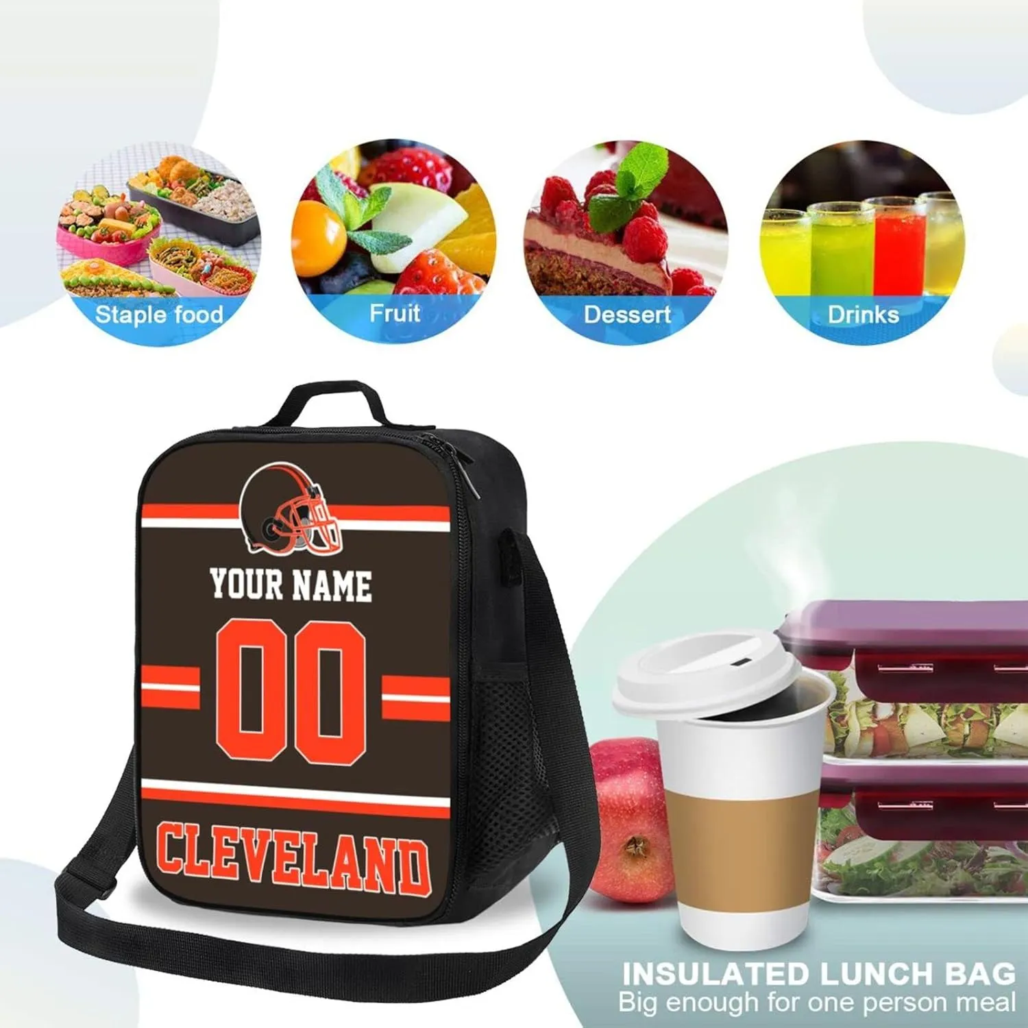 Cleveland Lunch Box Lunch Bag Custom Any Name and Number Adjustable Strap Sport Insulated Lunch Bags Personalized Gifts for Men Women