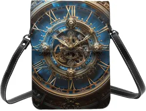 clock machinery gears golden blue Leather Small Crossbody Bags for Women Cell Phone Bag Wallet Purses with Adjustable Strap