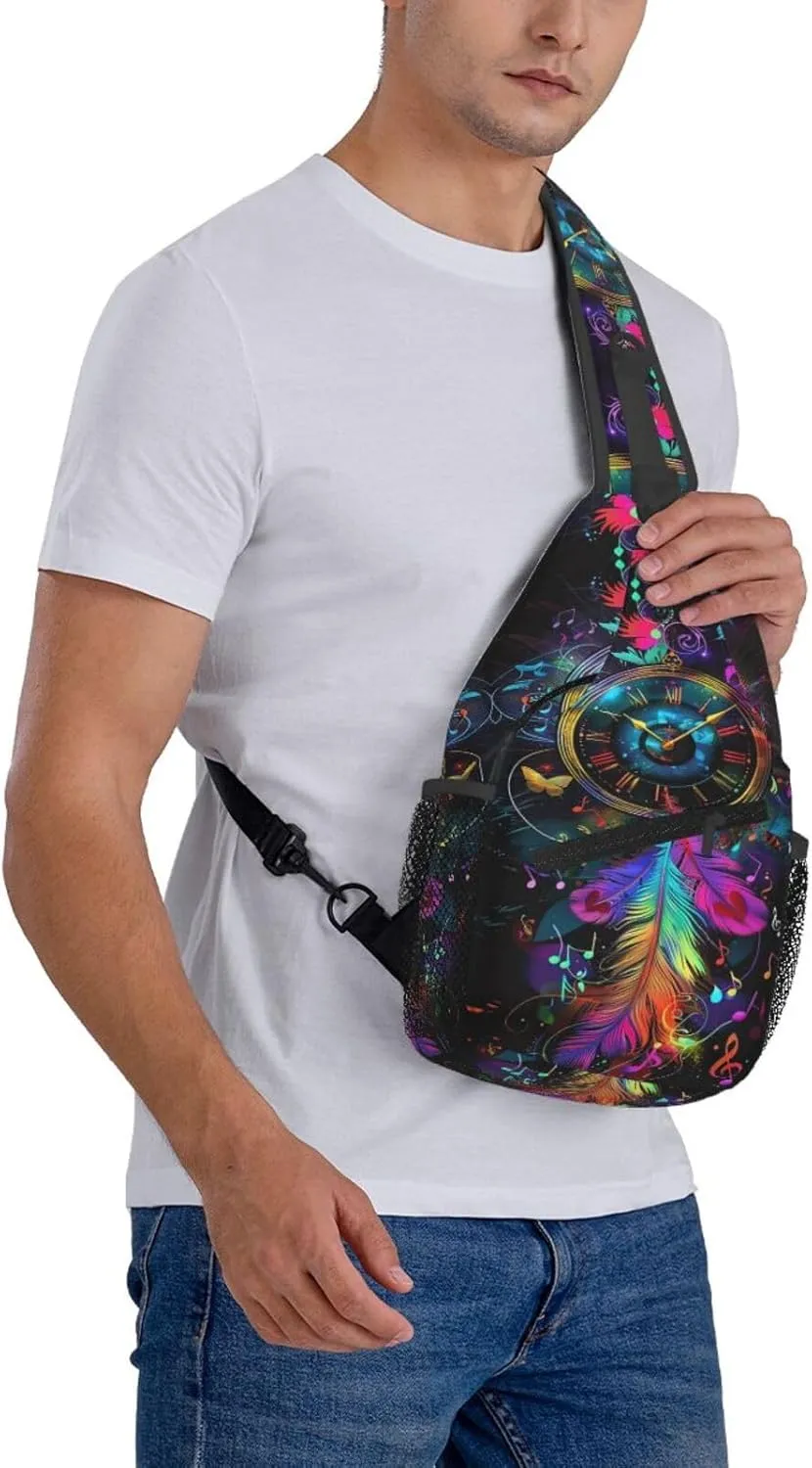 Clock With Dream Catcher Sling Backpack Chest Bag Crossbody Shoulder Bag Gym Cycling Travel Hiking Daypack For Men Women