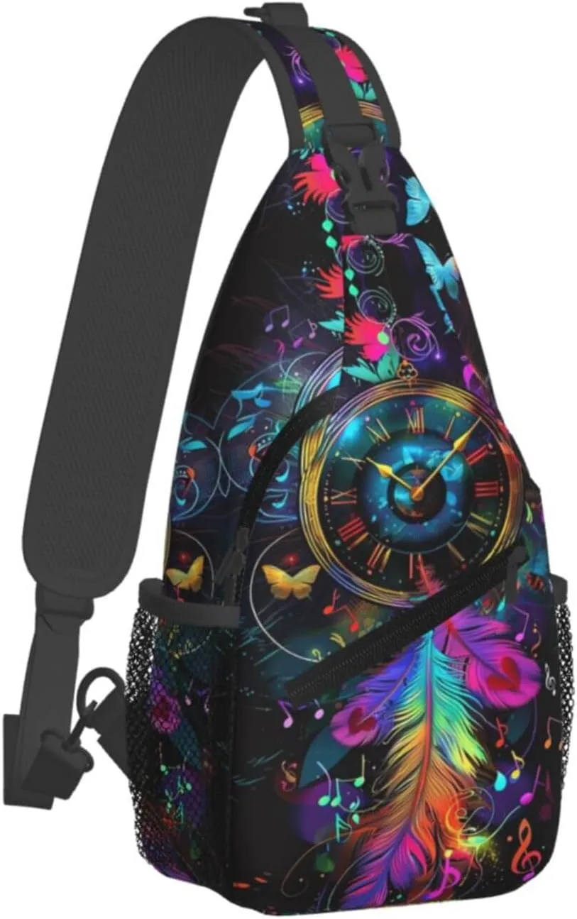 Clock With Dream Catcher Sling Backpack Chest Bag Crossbody Shoulder Bag Gym Cycling Travel Hiking Daypack For Men Women