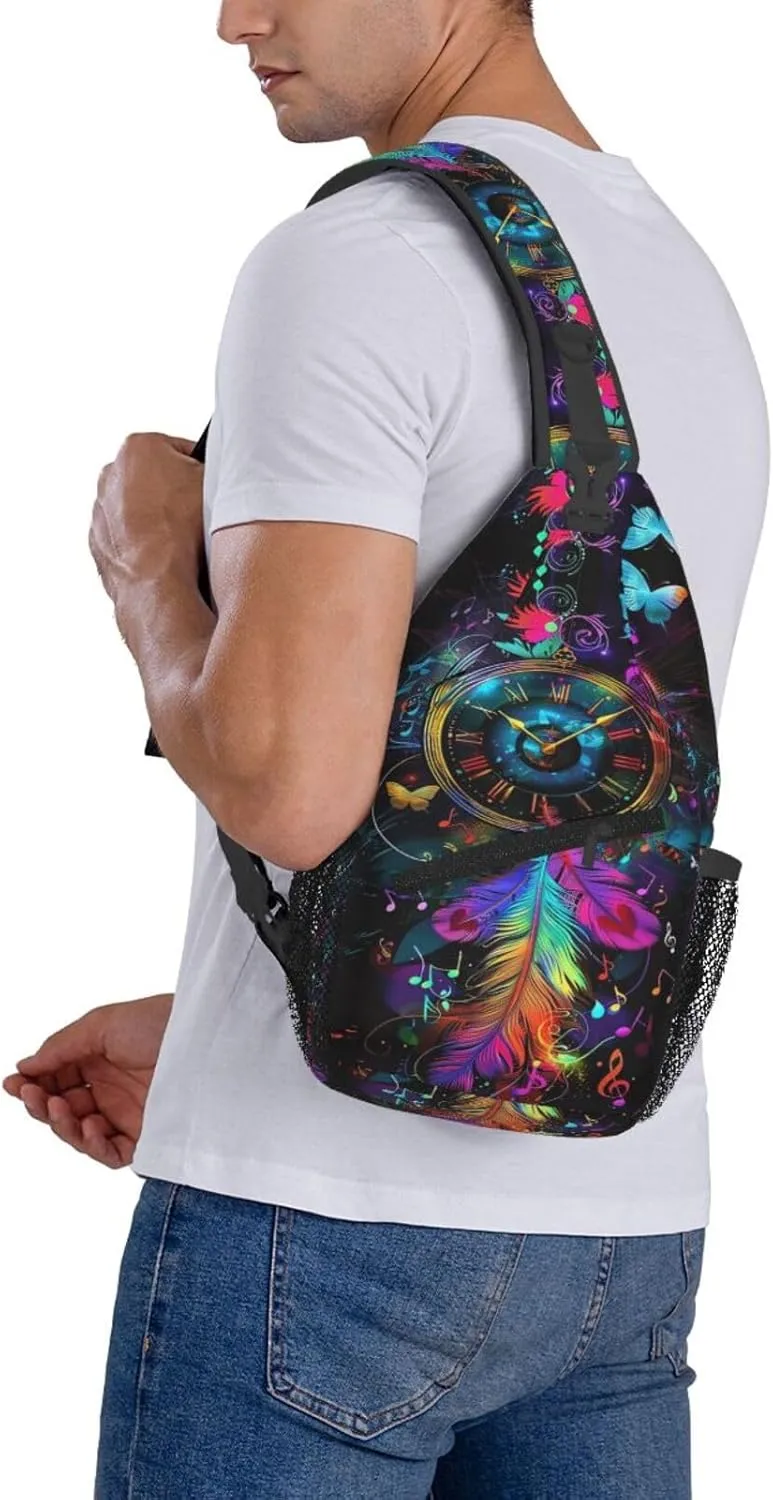 Clock With Dream Catcher Sling Backpack Chest Bag Crossbody Shoulder Bag Gym Cycling Travel Hiking Daypack For Men Women