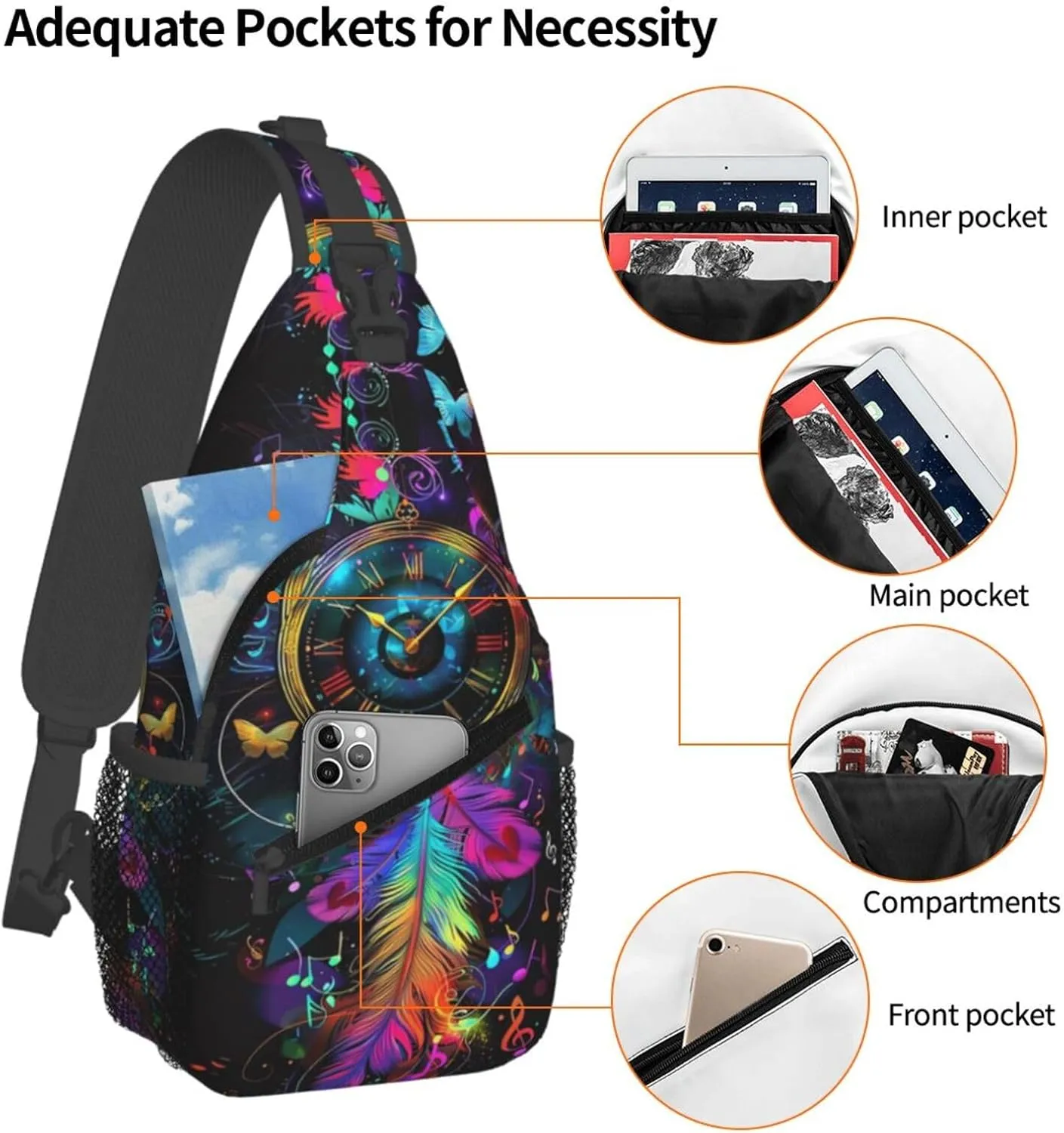 Clock With Dream Catcher Sling Backpack Chest Bag Crossbody Shoulder Bag Gym Cycling Travel Hiking Daypack For Men Women