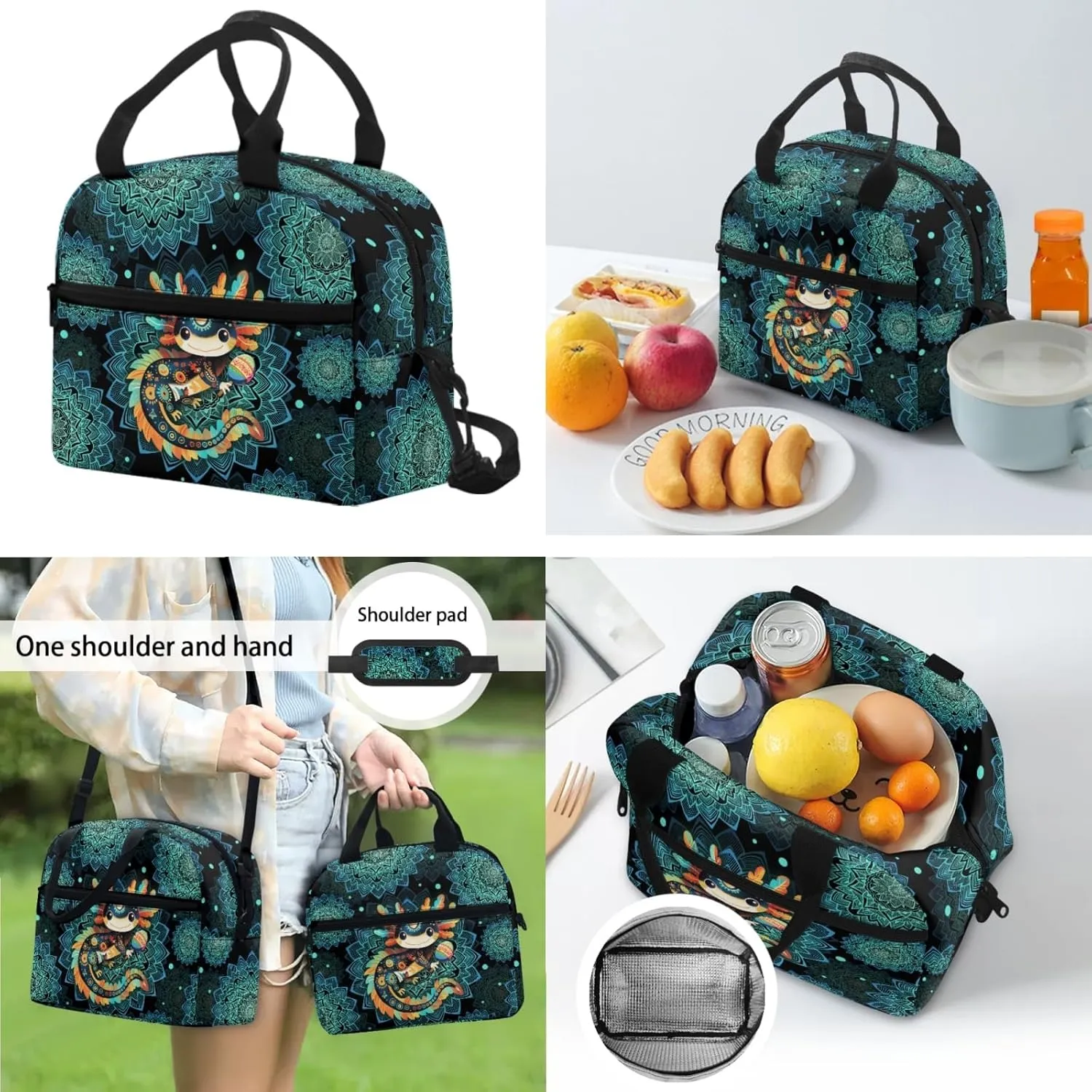 CLOHOMIN Axolotl School Backpack for Girls with Lunch Box 3 Piece Boys Primary School Bookbag Set Thermal Lunch Bag Cute Pencil Case 3rd Grade Green Boho Schoolbag with Lunch Tote