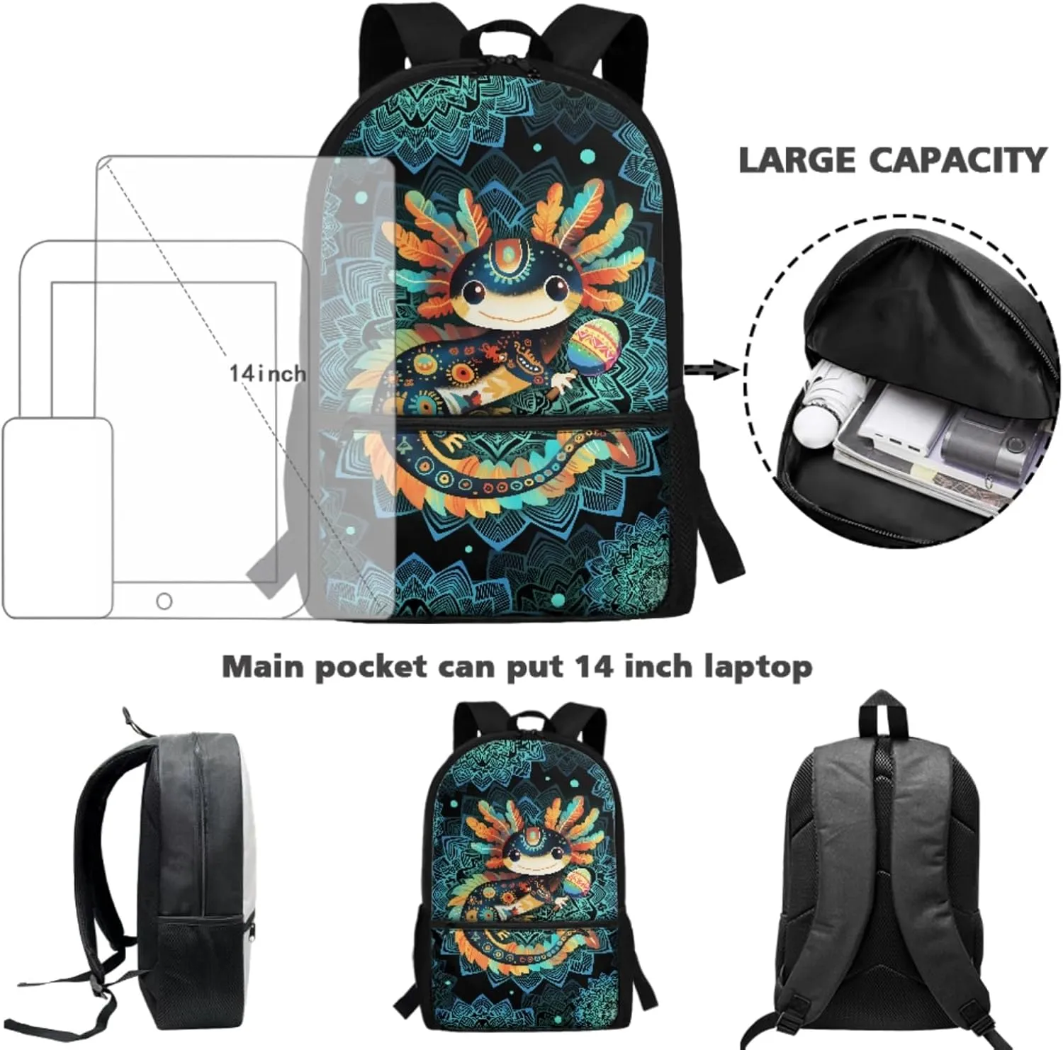 CLOHOMIN Axolotl School Backpack for Girls with Lunch Box 3 Piece Boys Primary School Bookbag Set Thermal Lunch Bag Cute Pencil Case 3rd Grade Green Boho Schoolbag with Lunch Tote