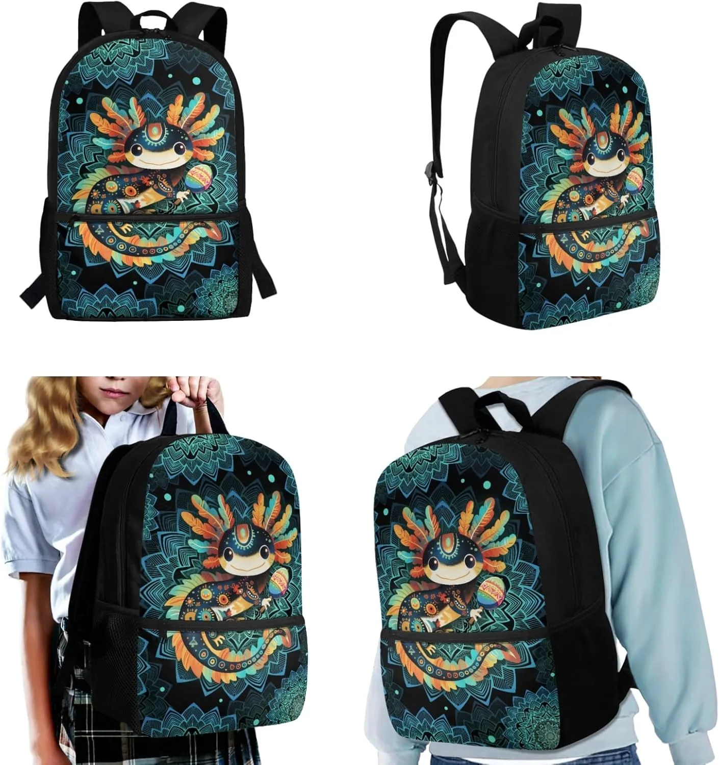 CLOHOMIN Axolotl School Backpack for Girls with Lunch Box 3 Piece Boys Primary School Bookbag Set Thermal Lunch Bag Cute Pencil Case 3rd Grade Green Boho Schoolbag with Lunch Tote