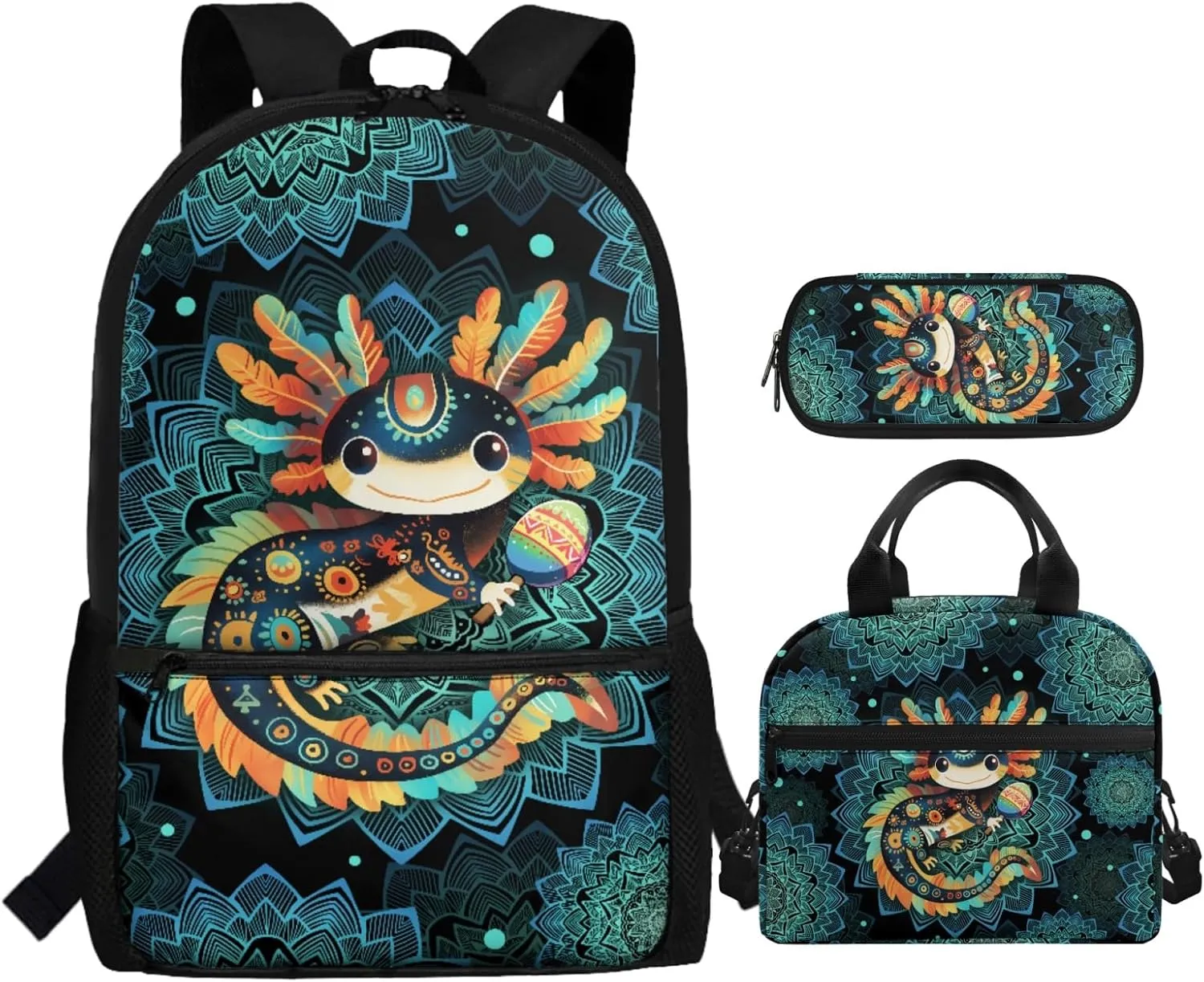 CLOHOMIN Axolotl School Backpack for Girls with Lunch Box 3 Piece Boys Primary School Bookbag Set Thermal Lunch Bag Cute Pencil Case 3rd Grade Green Boho Schoolbag with Lunch Tote
