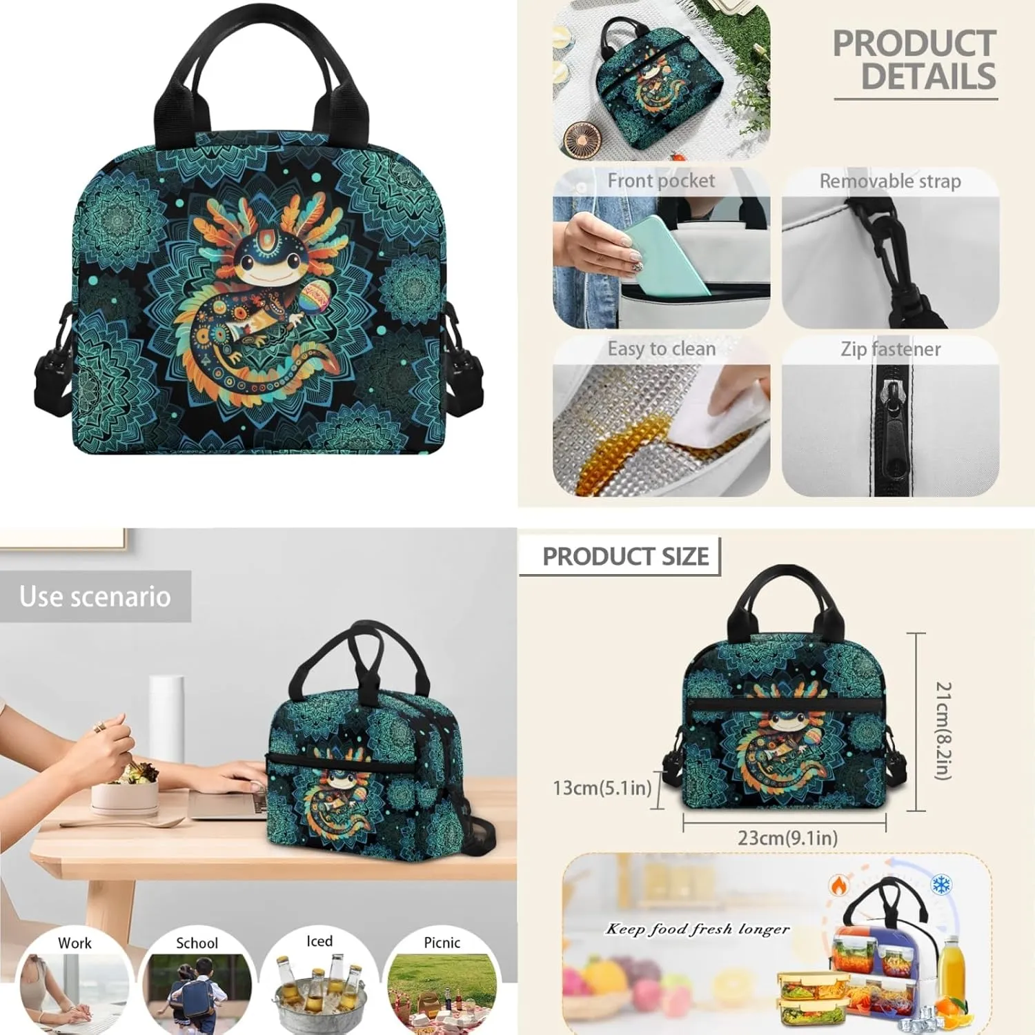 CLOHOMIN Axolotl School Backpack for Girls with Lunch Box 3 Piece Boys Primary School Bookbag Set Thermal Lunch Bag Cute Pencil Case 3rd Grade Green Boho Schoolbag with Lunch Tote