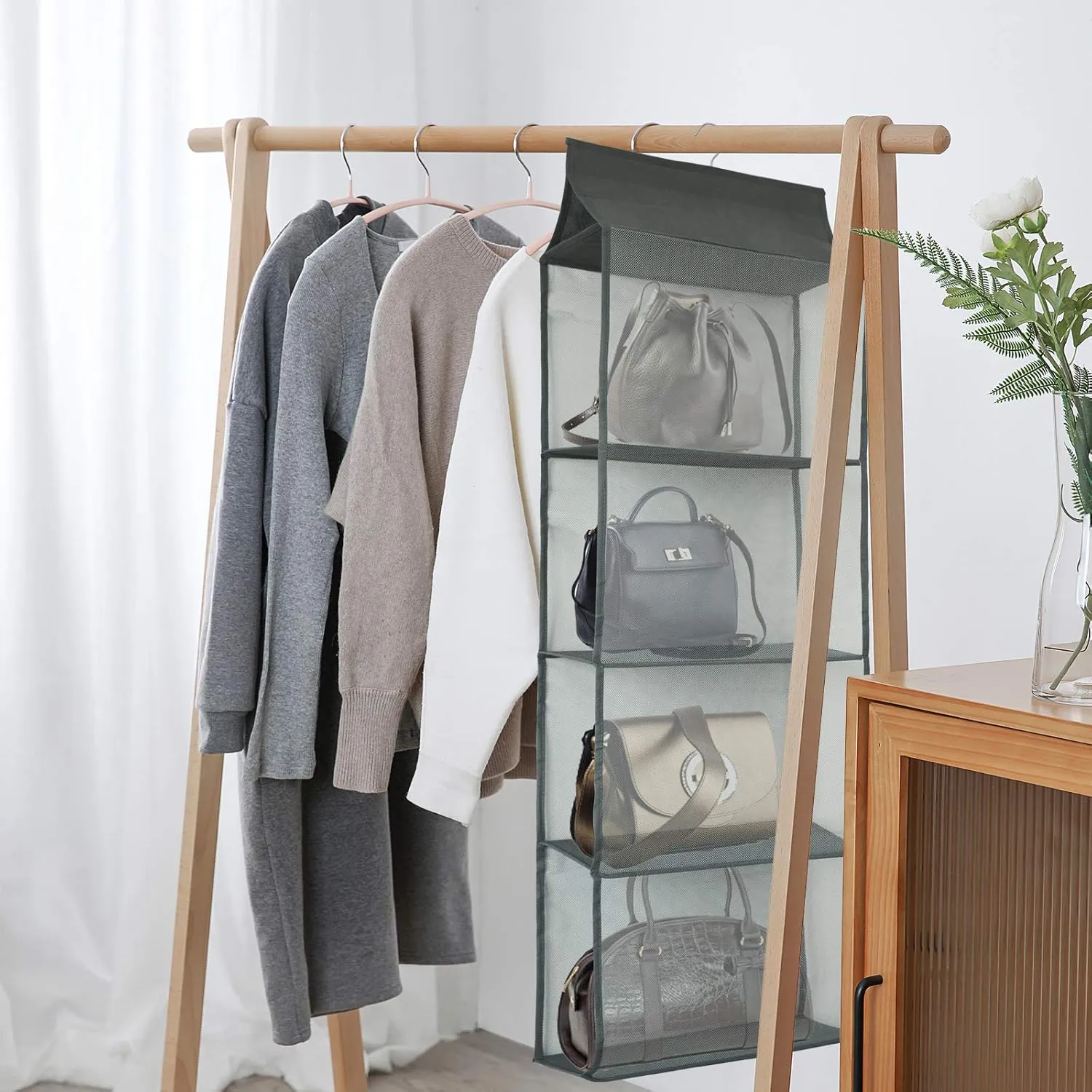 Closet Handbag Purse Holder, Space Saving Hanging Handbag Storage Tote Bag Organizer Holder with 4 Large Heavy-Duty Mesh Shelves for Wardrobe Closet(Gray)