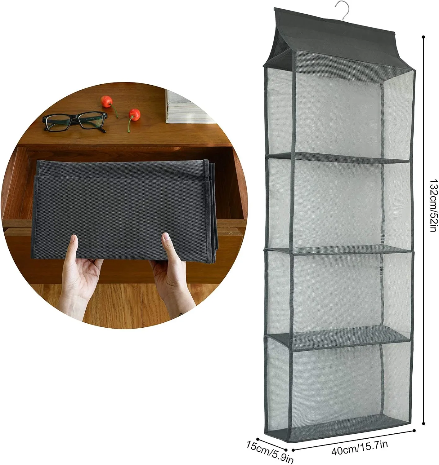 Closet Handbag Purse Holder, Space Saving Hanging Handbag Storage Tote Bag Organizer Holder with 4 Large Heavy-Duty Mesh Shelves for Wardrobe Closet(Gray)