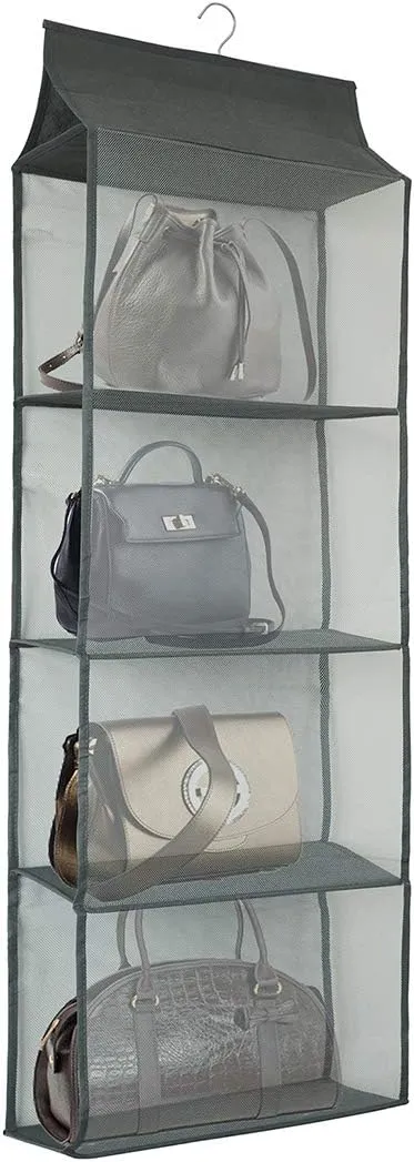 Closet Handbag Purse Holder, Space Saving Hanging Handbag Storage Tote Bag Organizer Holder with 4 Large Heavy-Duty Mesh Shelves for Wardrobe Closet(Gray)