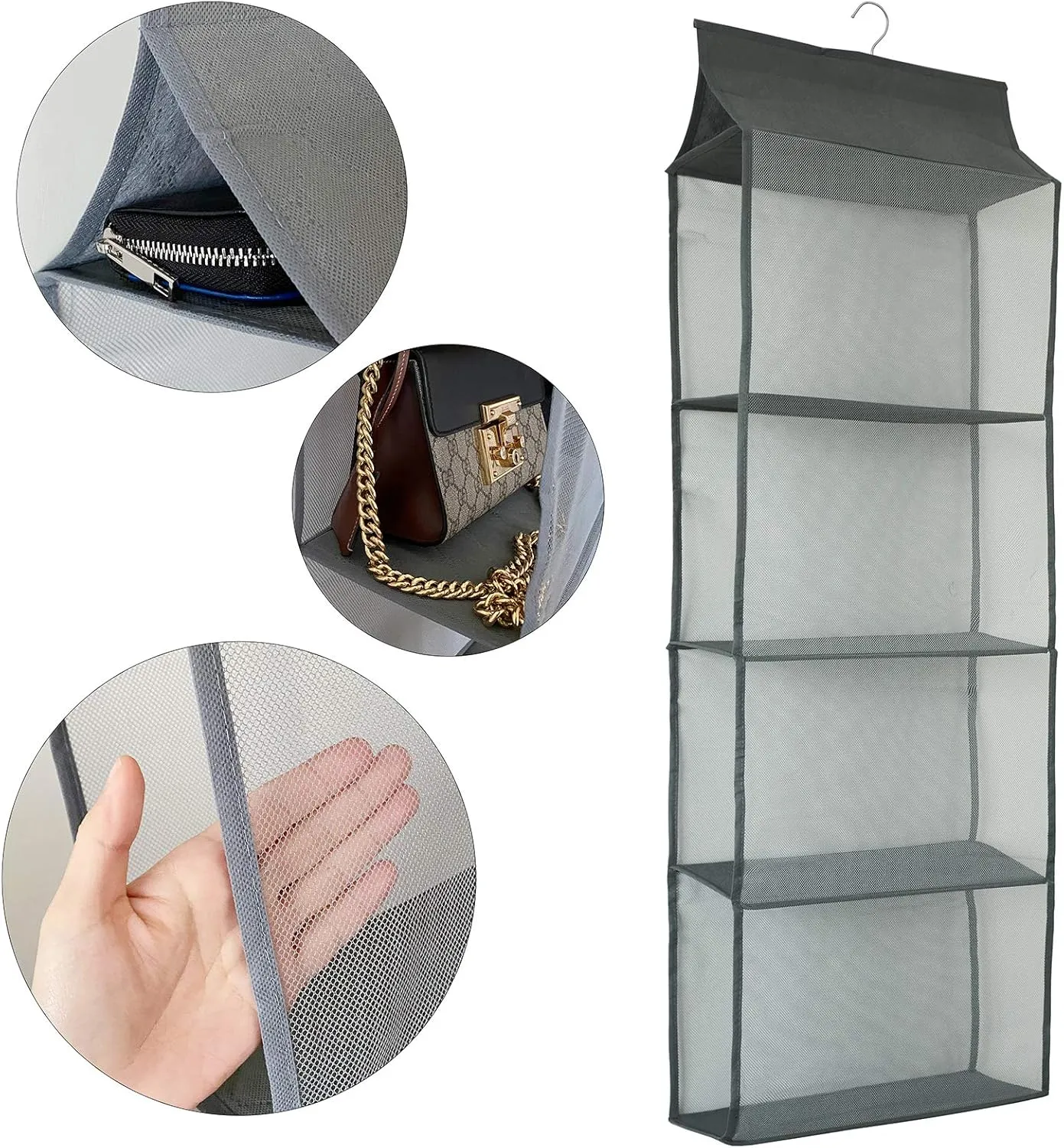 Closet Handbag Purse Holder, Space Saving Hanging Handbag Storage Tote Bag Organizer Holder with 4 Large Heavy-Duty Mesh Shelves for Wardrobe Closet(Gray)