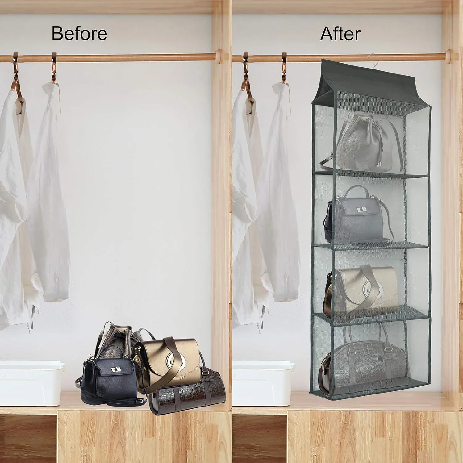Closet Handbag Purse Holder, Space Saving Hanging Handbag Storage Tote Bag Organizer Holder with 4 Large Heavy-Duty Mesh Shelves for Wardrobe Closet(Gray)
